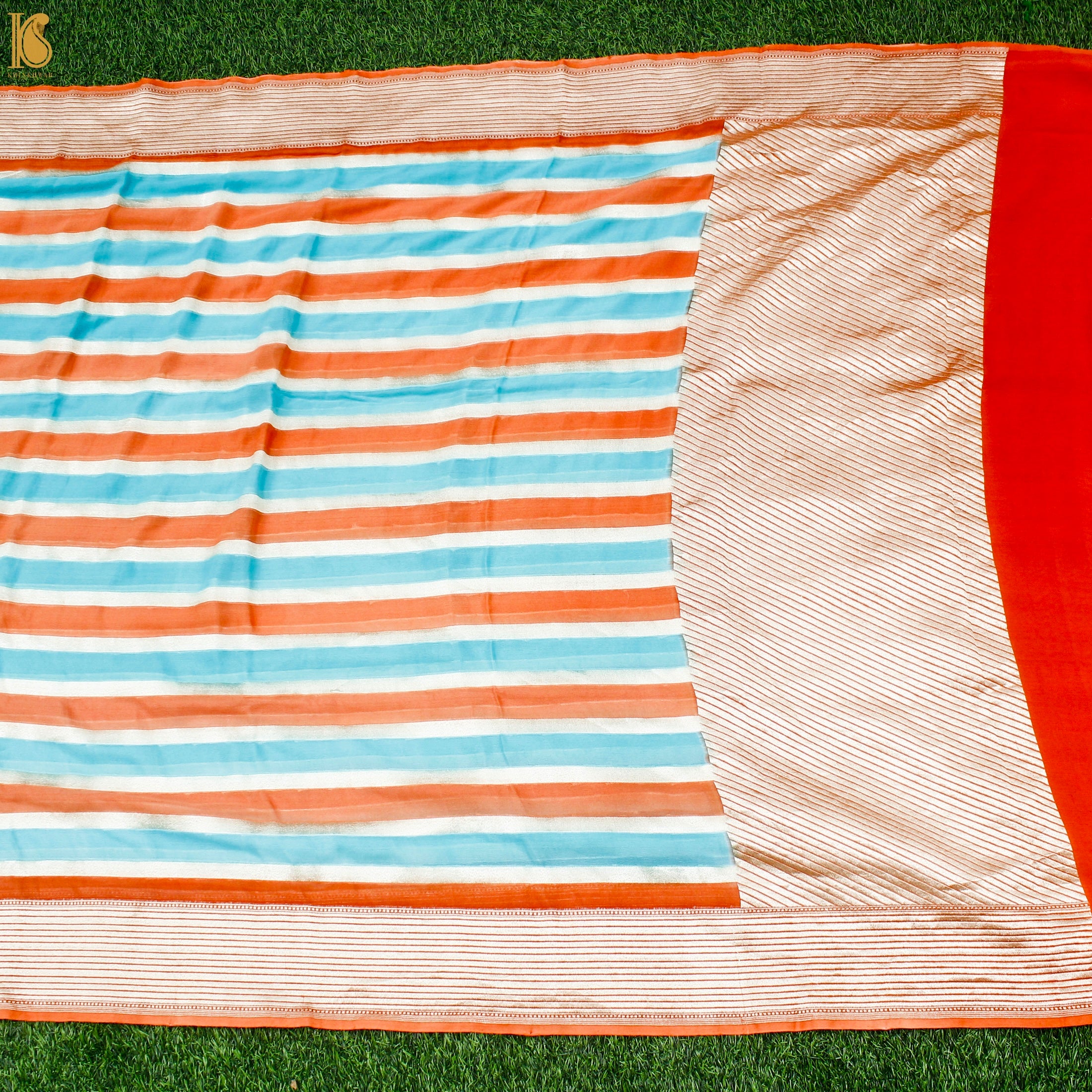 Orange & Blue Pure Georgette Handloom Stripes Banarasi Saree - Khinkhwab