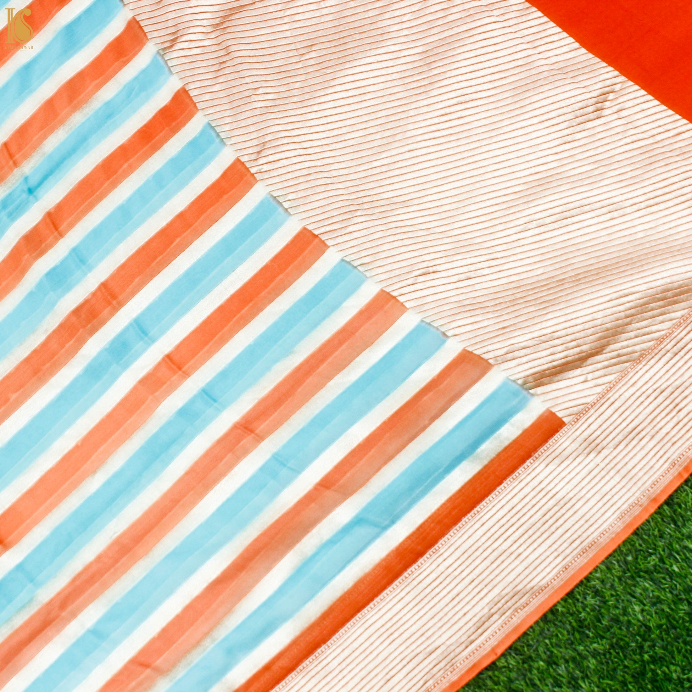 Orange & Blue Pure Georgette Handloom Stripes Banarasi Saree - Khinkhwab