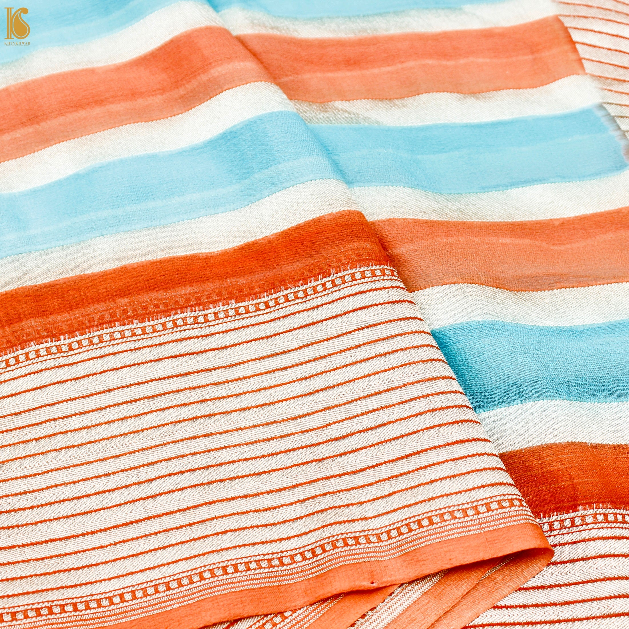 Orange & Blue Pure Georgette Handloom Stripes Banarasi Saree - Khinkhwab