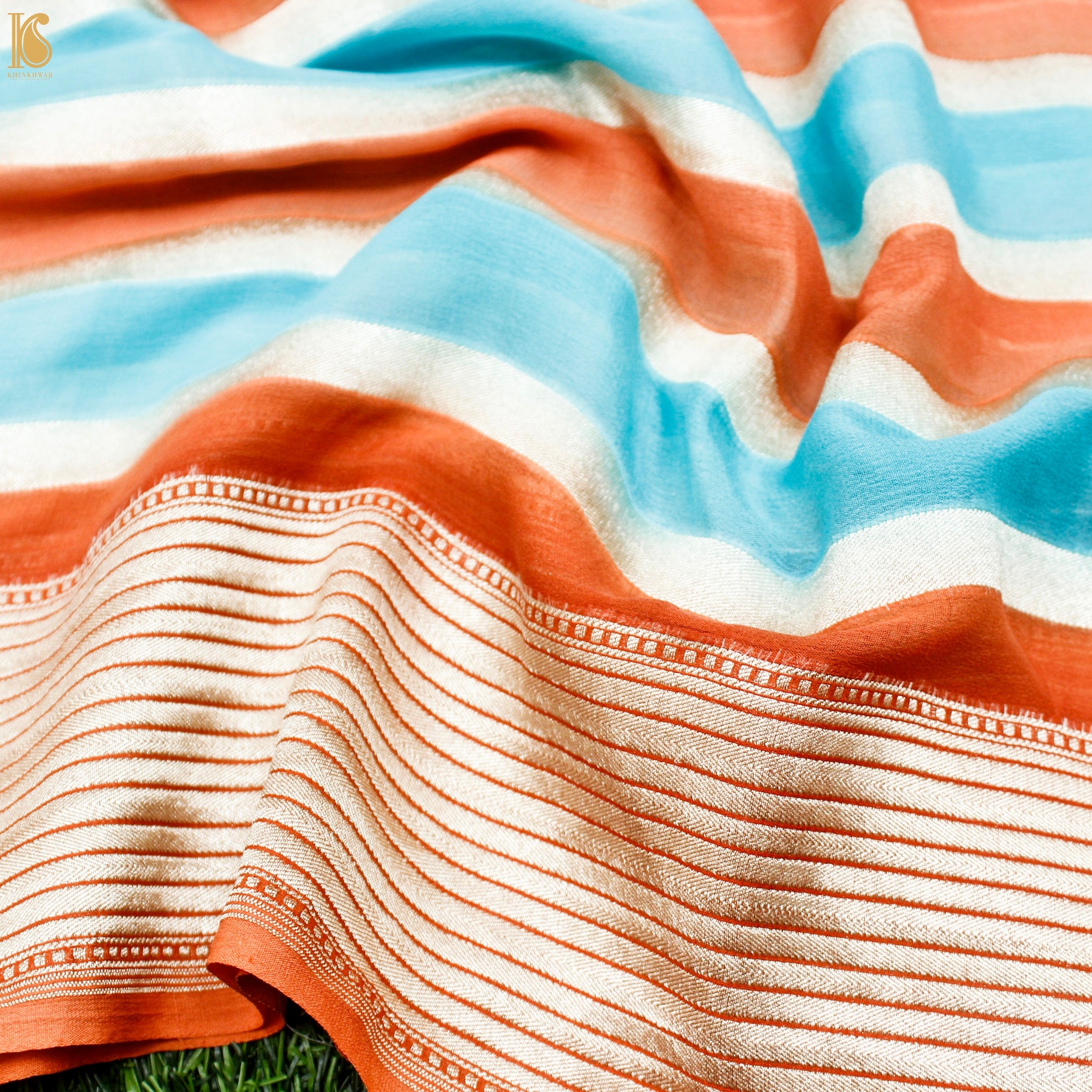 Orange & Blue Pure Georgette Handloom Stripes Banarasi Saree - Khinkhwab