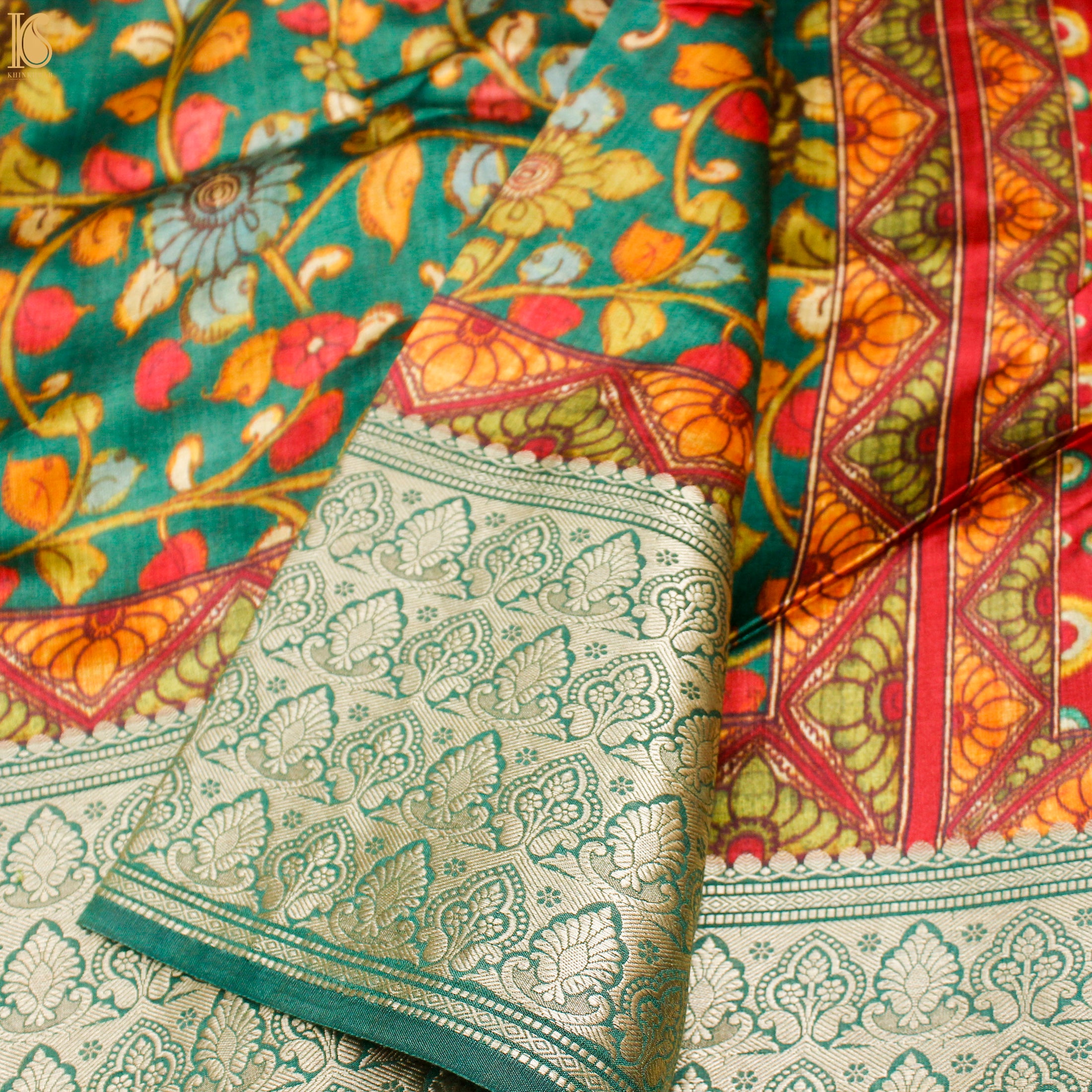 Niagara Green Pure Chiniya Silk Printed Elephant Banarasi Saree - Khinkhwab