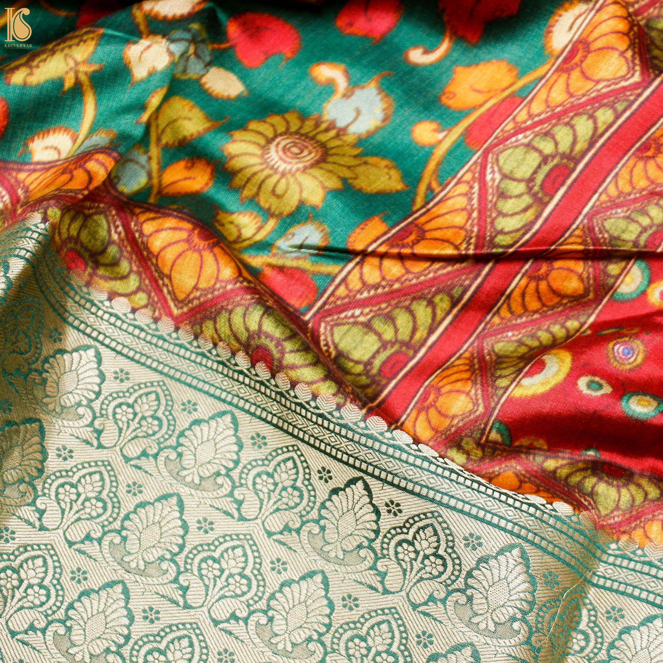 Niagara Green Pure Chiniya Silk Printed Elephant Banarasi Saree - Khinkhwab