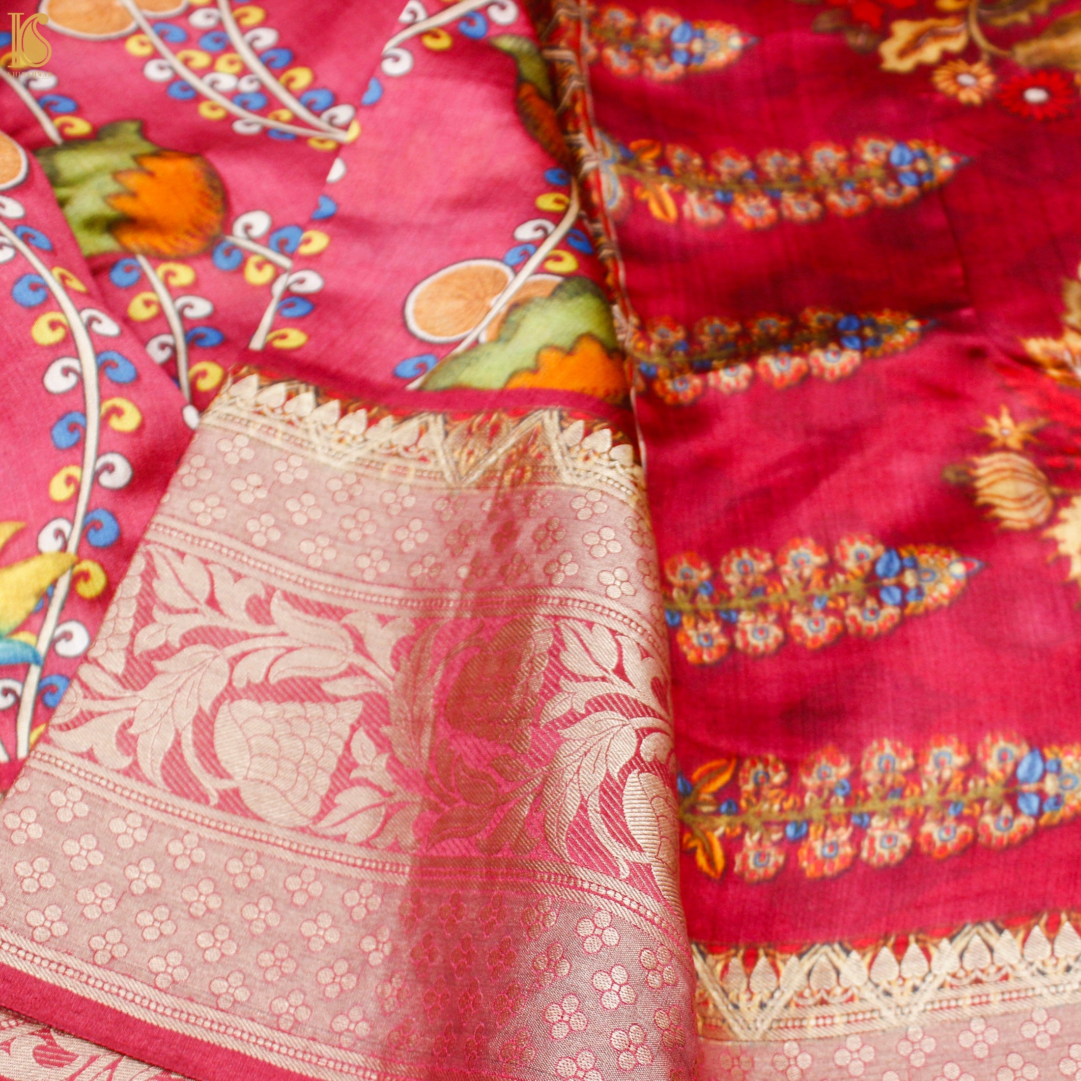 Cerise Pink Pure Chiniya Silk Printed Banarasi Saree - Khinkhwab