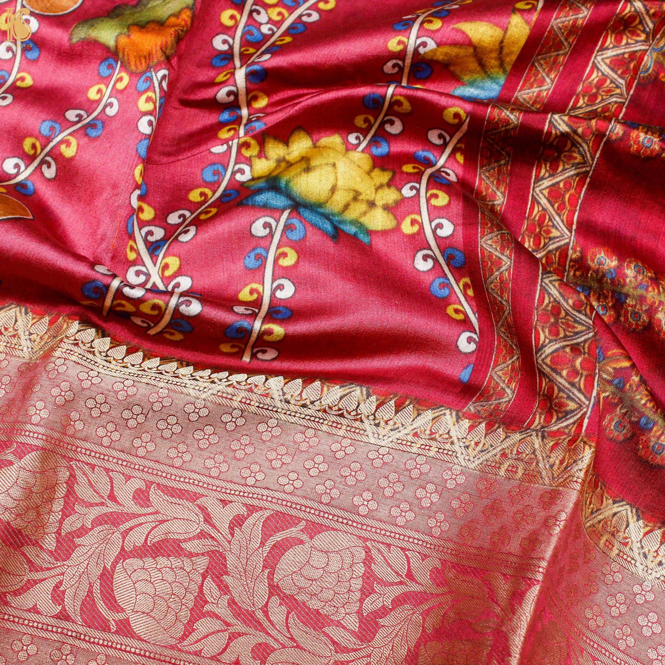 Cerise Pink Pure Chiniya Silk Printed Banarasi Saree - Khinkhwab