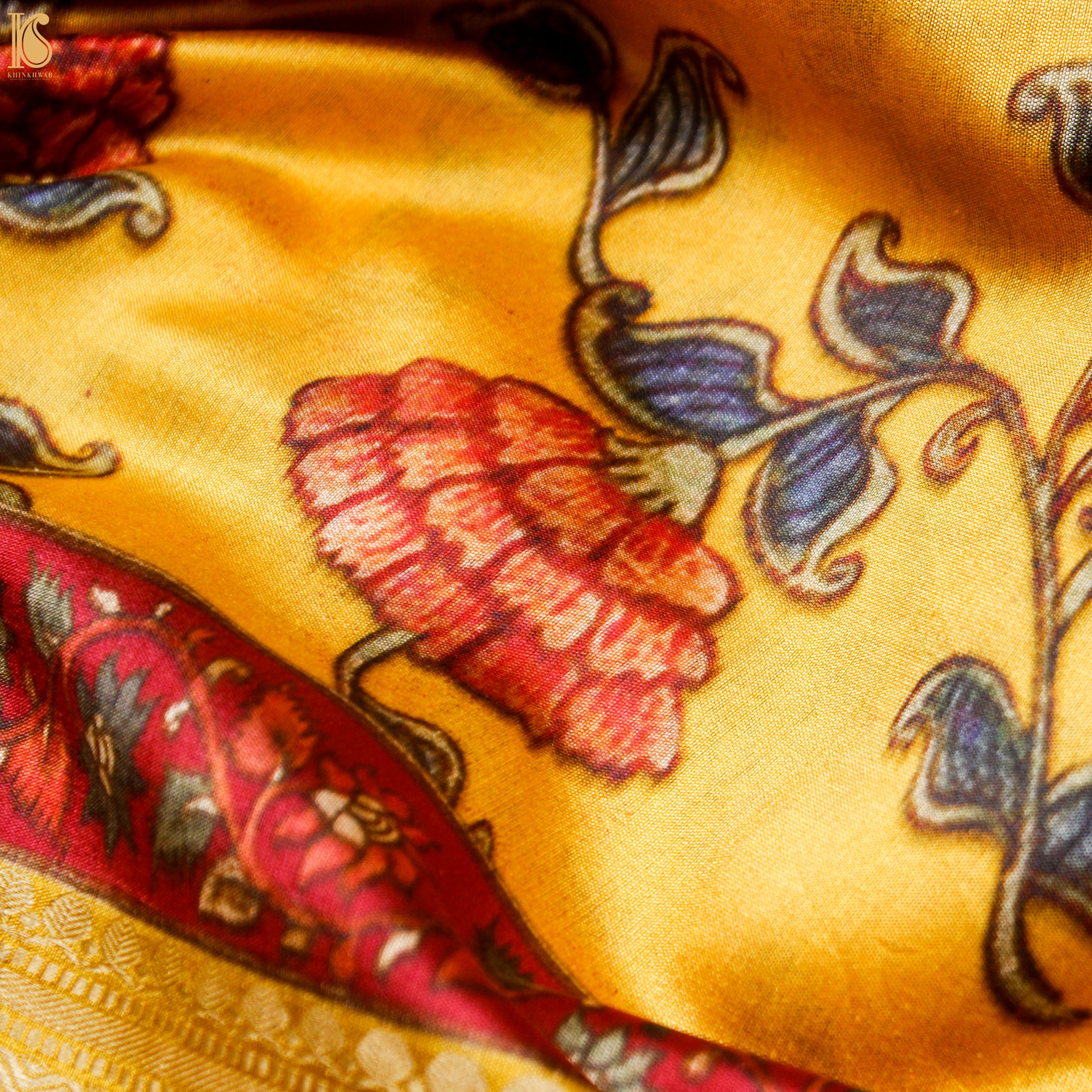 Kournikova Pure Chiniya Silk Printed Peacock Banarasi Saree - Khinkhwab