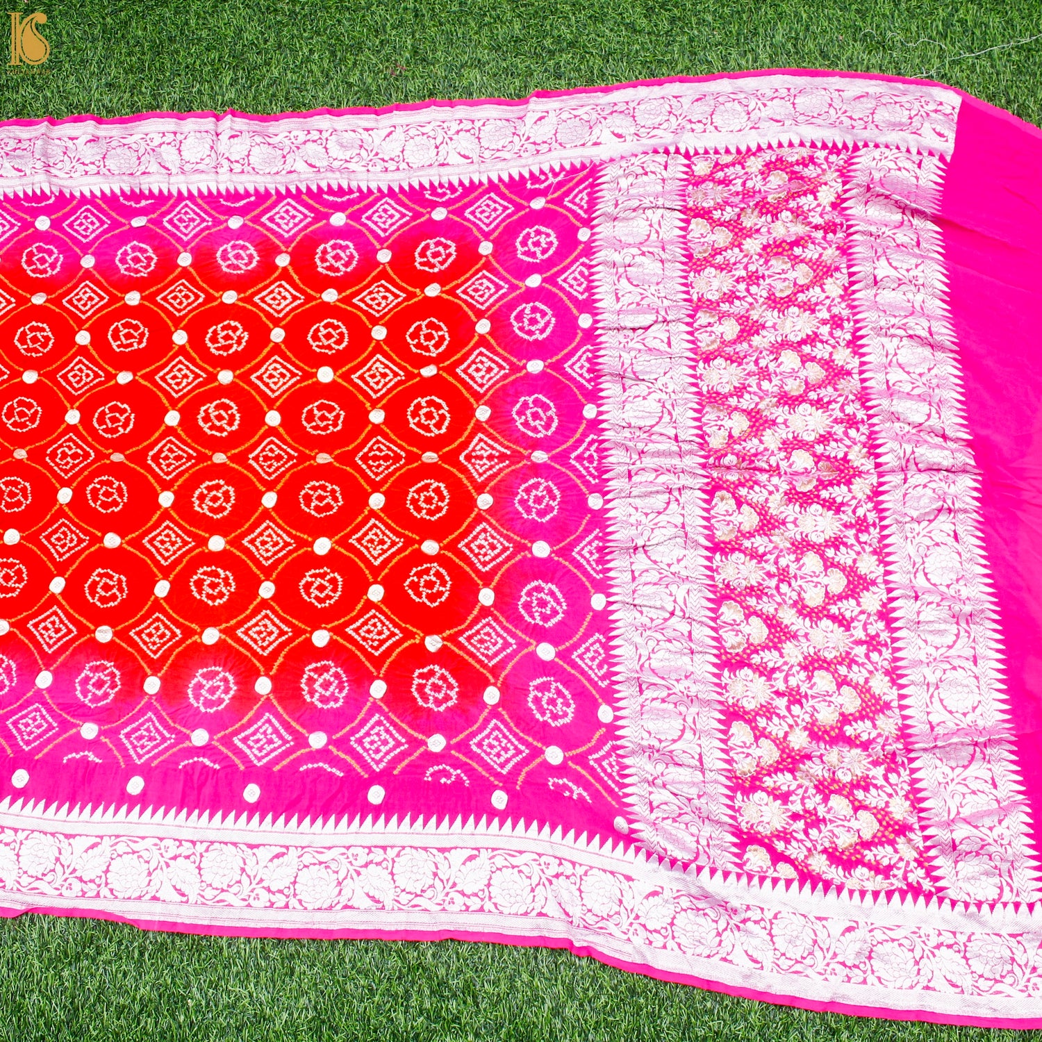 Pink & Red Pure Georgette Handloom Banarasi Bandhani Saree - Khinkhwab