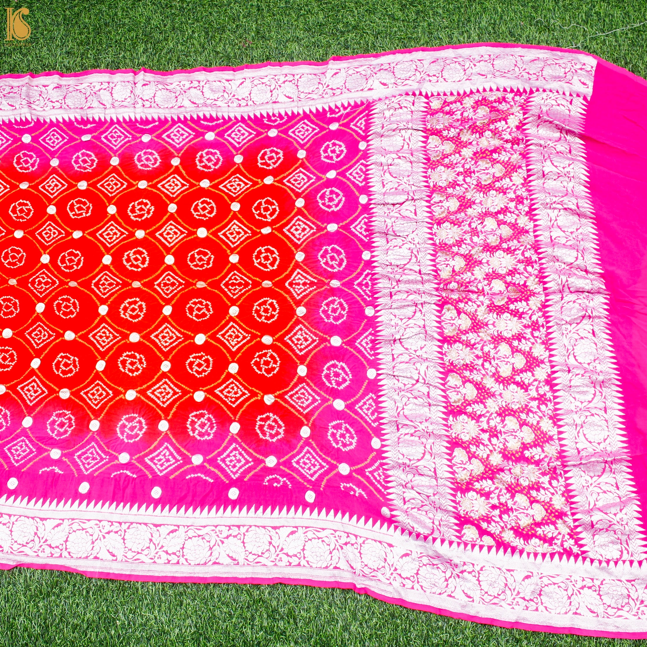 Pink & Red Pure Georgette Handloom Banarasi Bandhani Saree - Khinkhwab