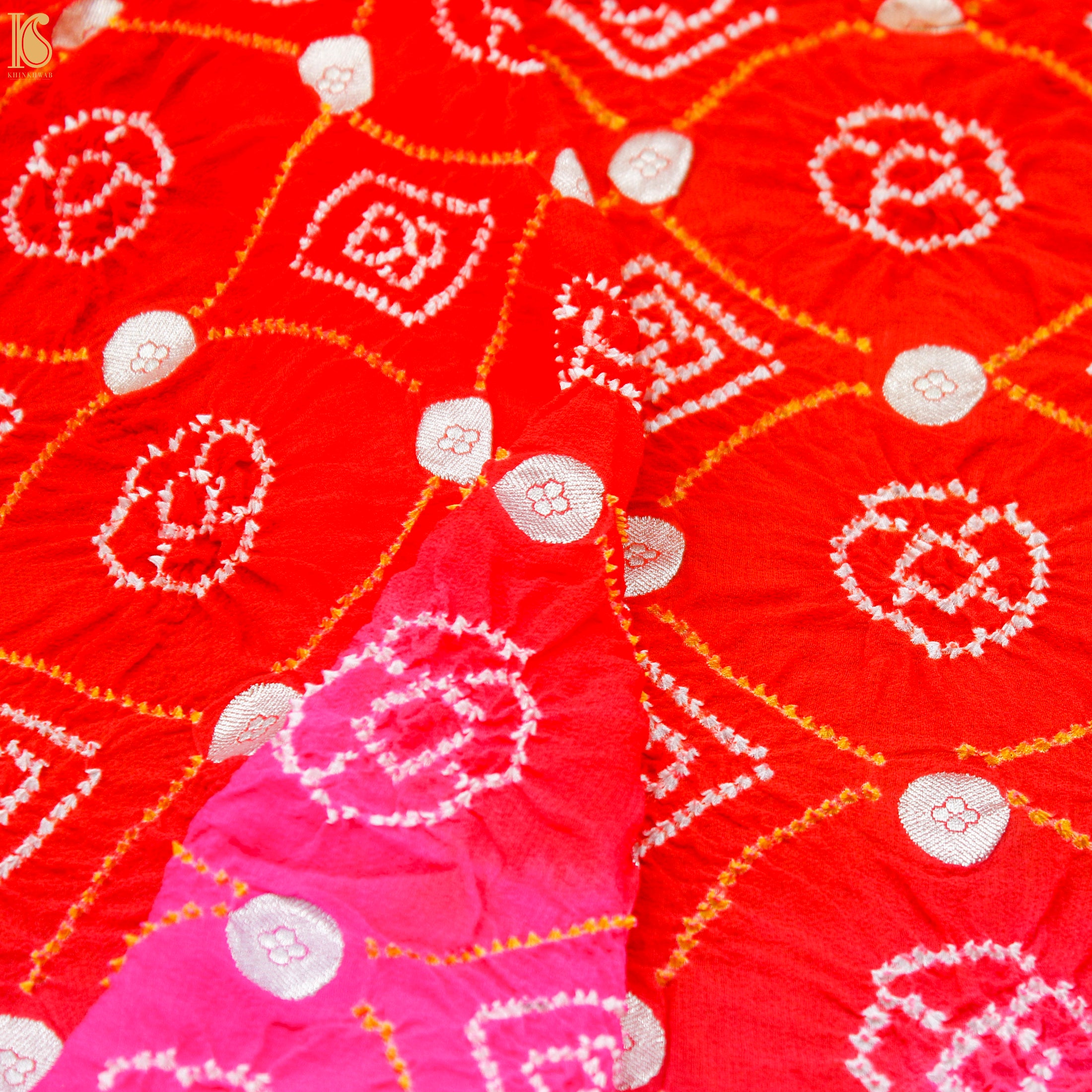 Pink & Red Pure Georgette Handloom Banarasi Bandhani Saree - Khinkhwab