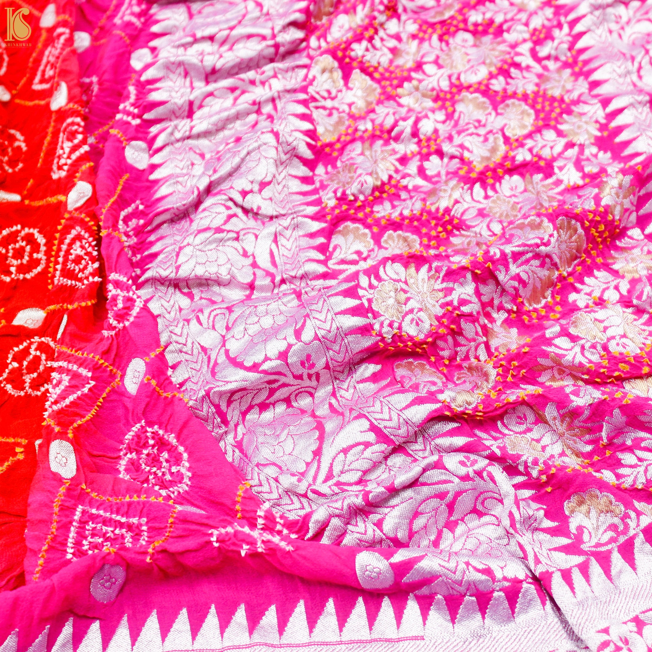 Pink & Red Pure Georgette Handloom Banarasi Bandhani Saree - Khinkhwab