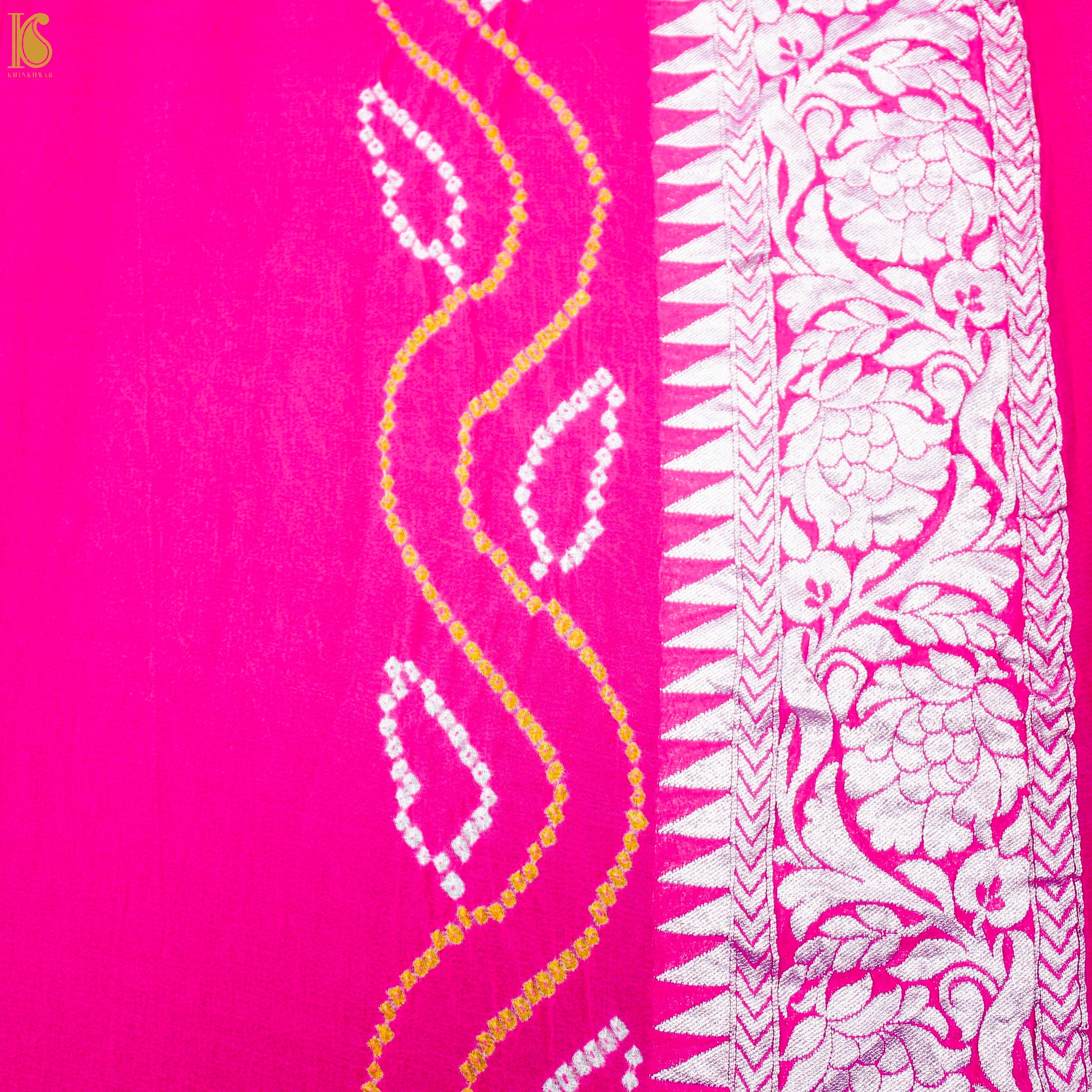Pink & Red Pure Georgette Handloom Banarasi Bandhani Saree - Khinkhwab