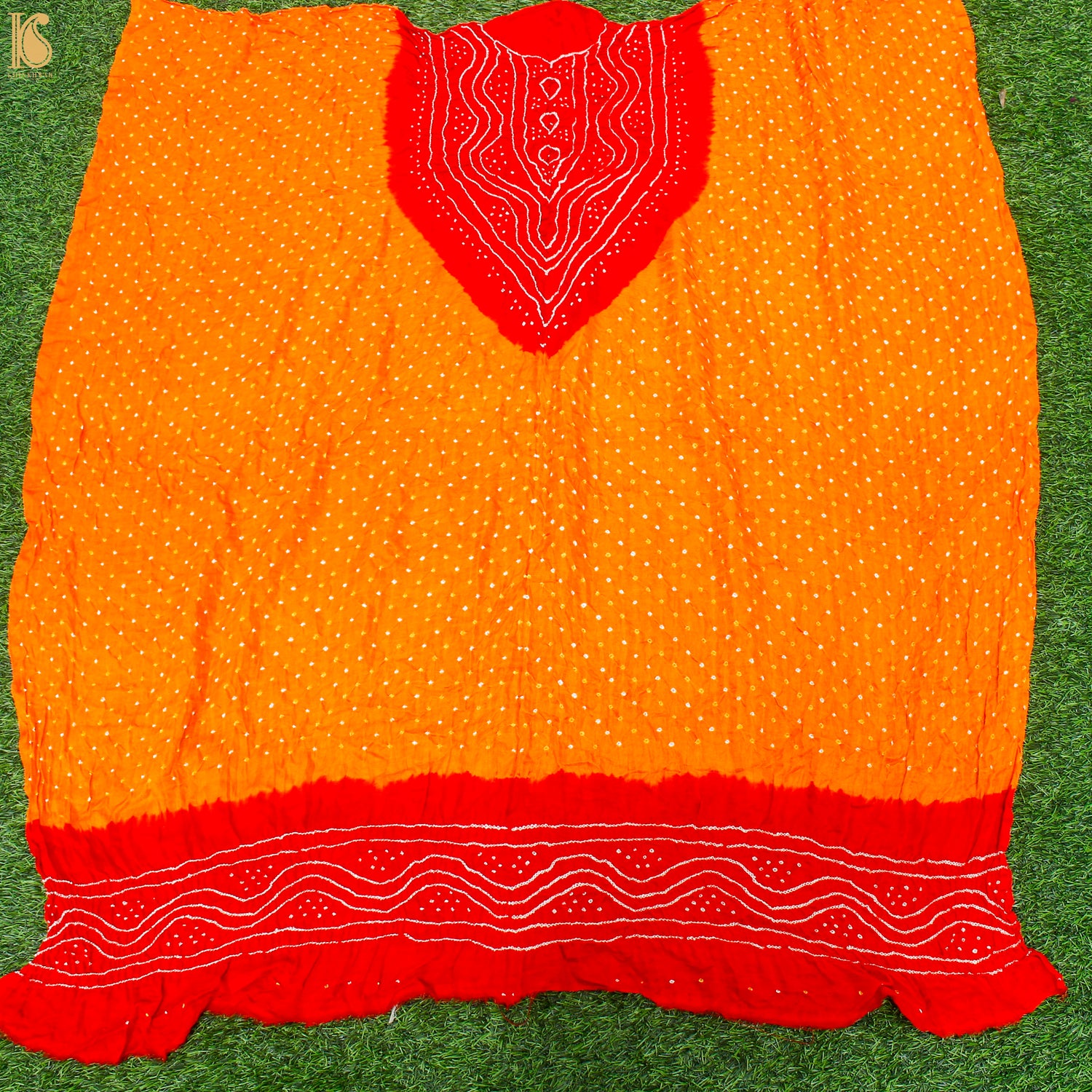 Orange & Red Pure Gajji Silk Bandhani Suit Fabric with Dupatta - Khinkhwab