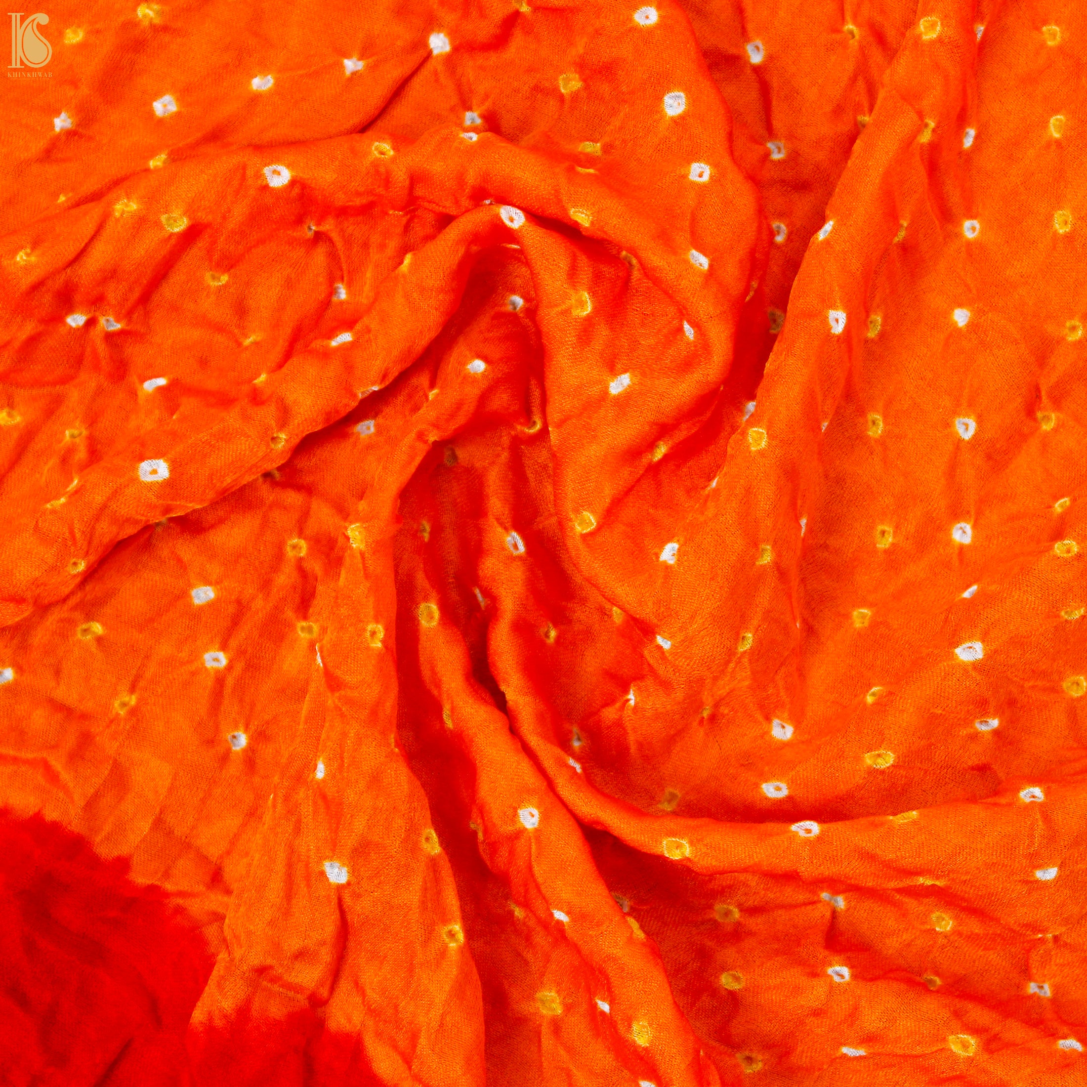 Orange & Red Pure Gajji Silk Bandhani Suit Fabric with Dupatta - Khinkhwab