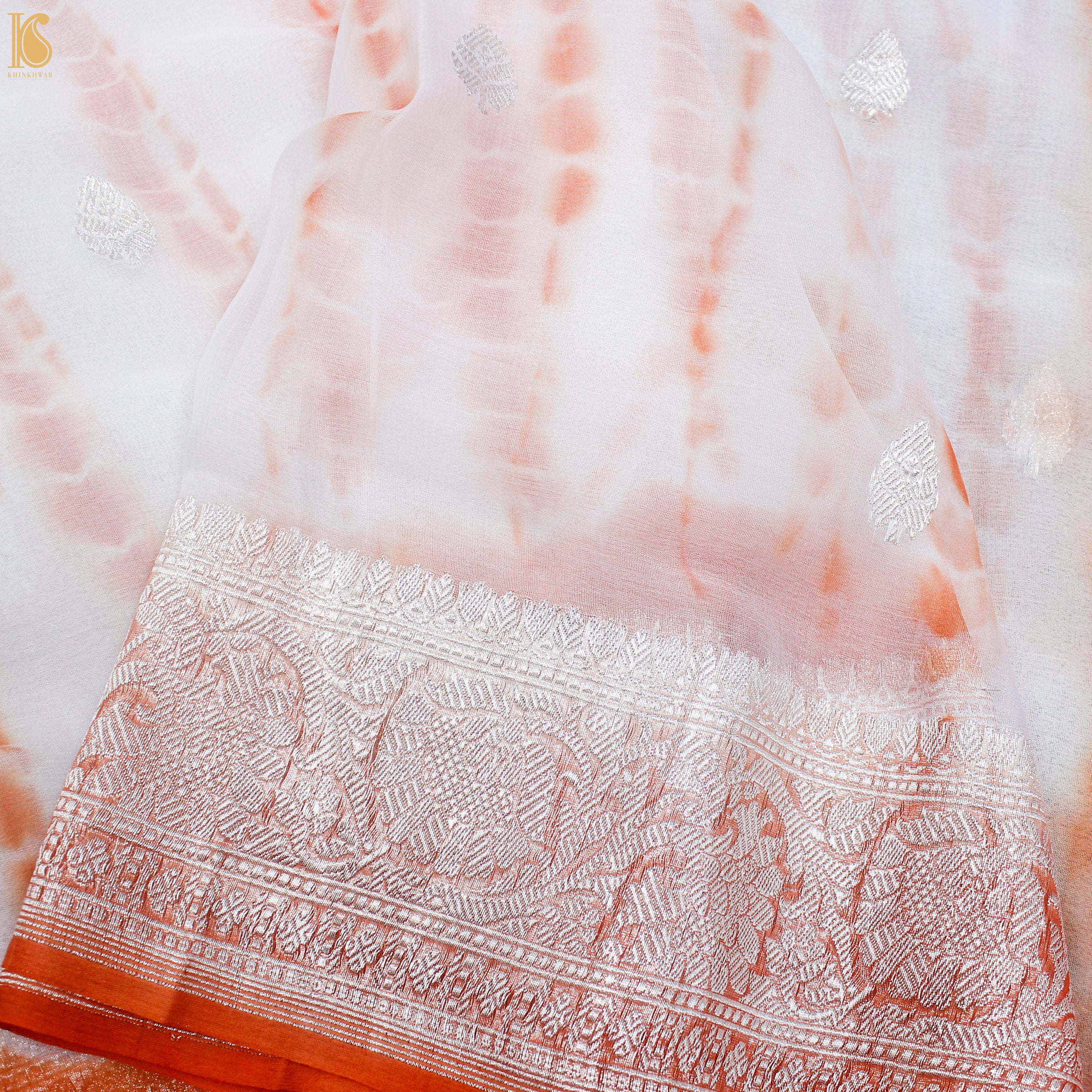 Red Orange Pure Georgette Handloom Banarasi Shibori Saree - Khinkhwab