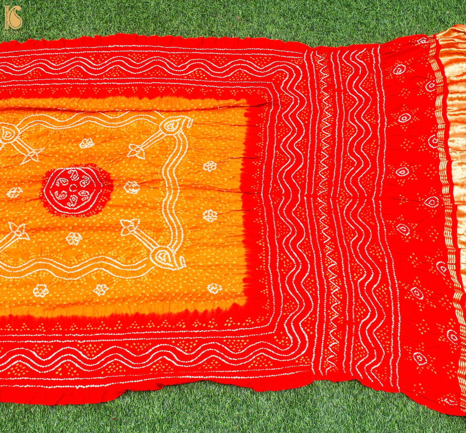 Orange & Red Pure Gajji Silk Bandhani Suit Fabric with Dupatta - Khinkhwab