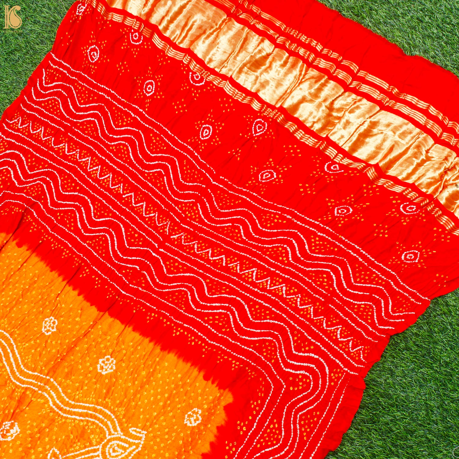 Orange & Red Pure Gajji Silk Bandhani Suit Fabric with Dupatta - Khinkhwab