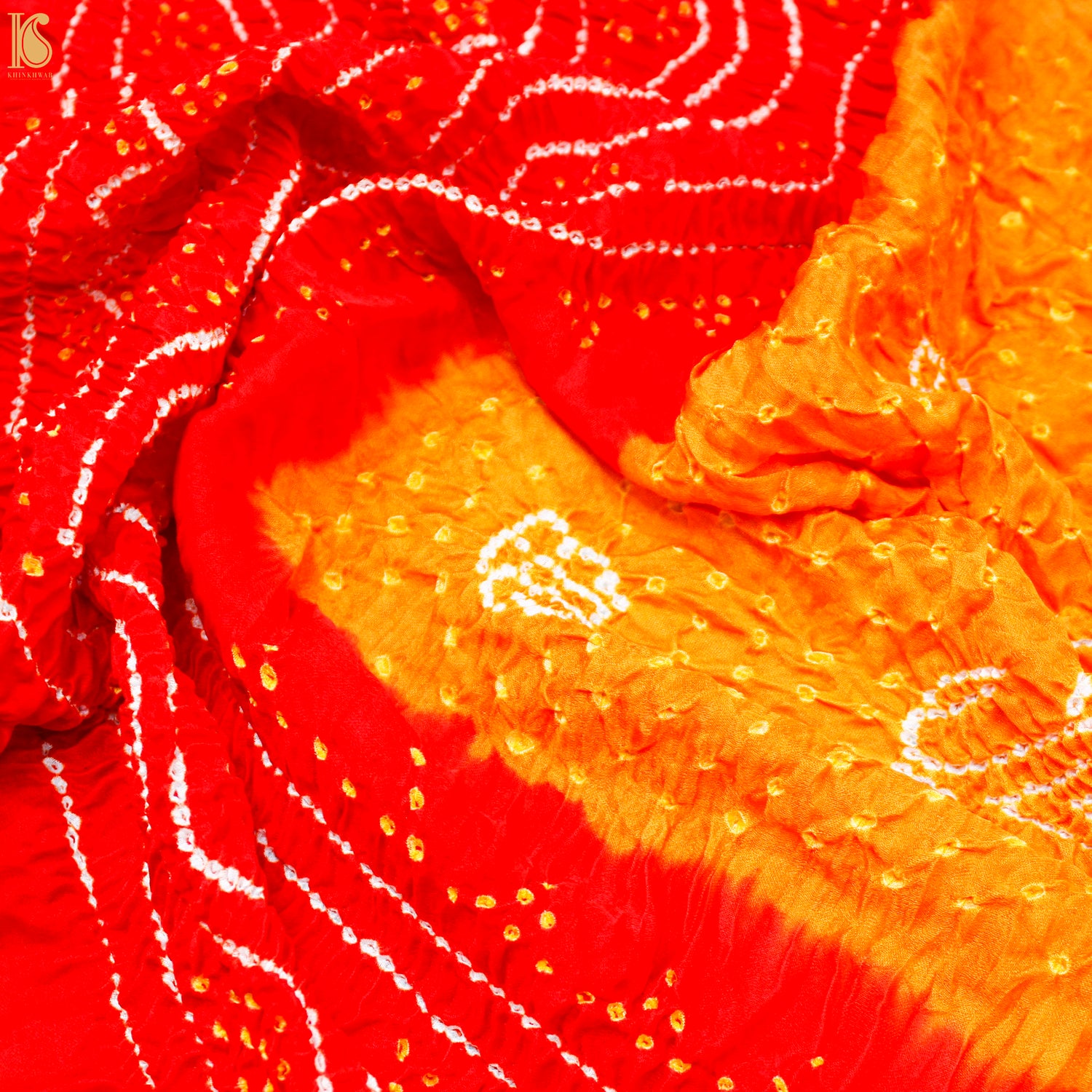 Orange & Red Pure Gajji Silk Bandhani Suit Fabric with Dupatta - Khinkhwab