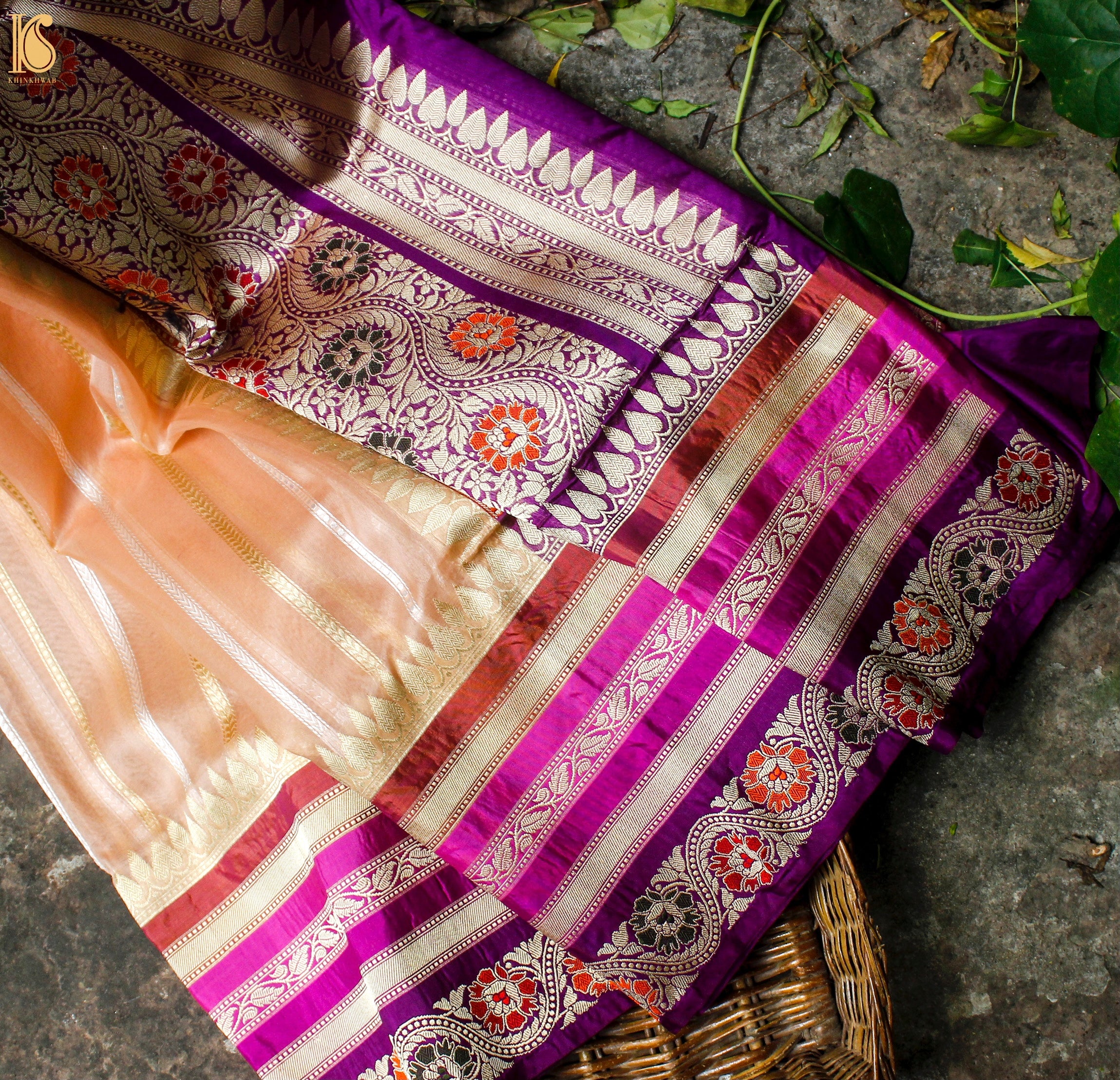Cashmere Pure Kora Silk Handloom Banarasi Saree With Katan Border - Khinkhwab