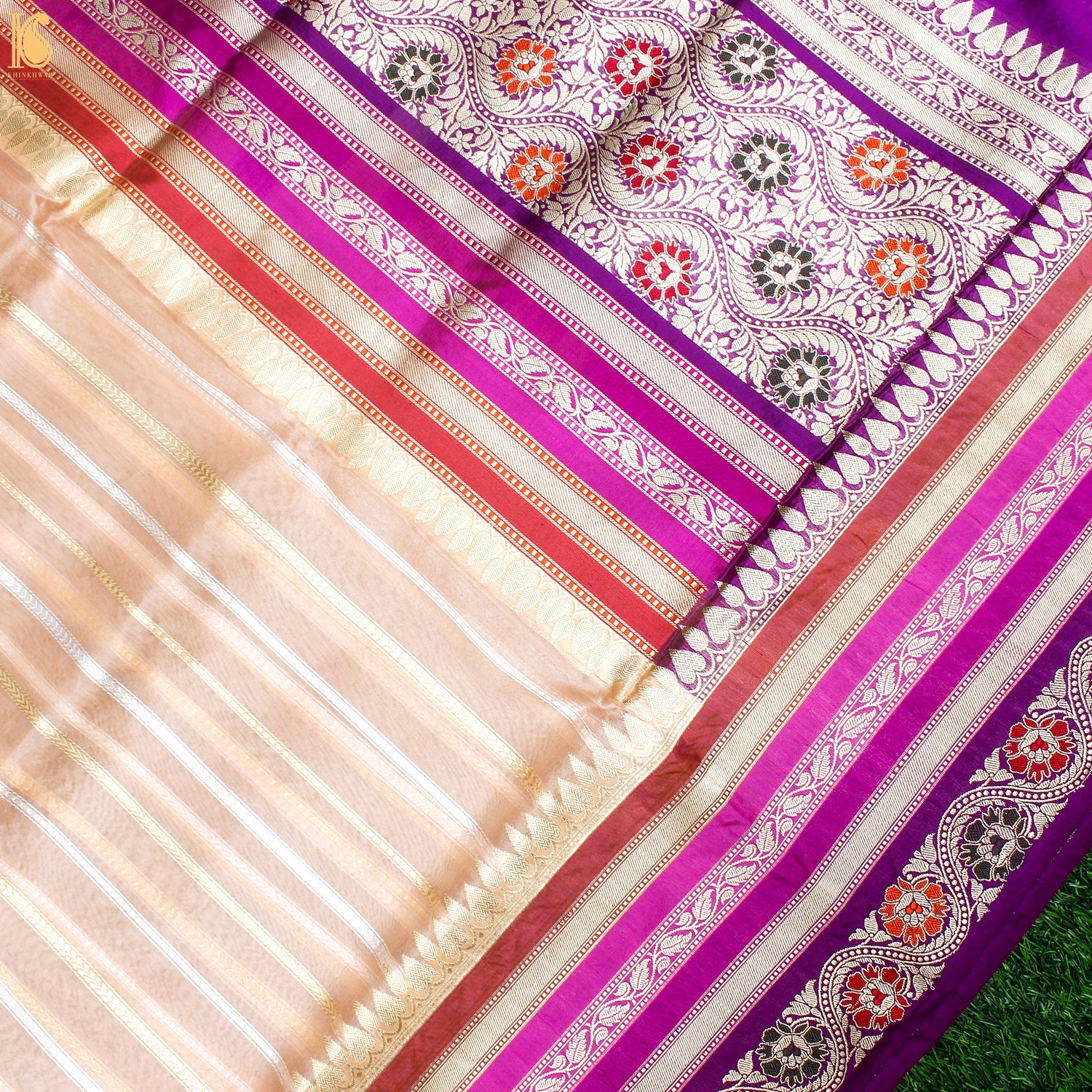 Cashmere Pure Kora Silk Handloom Banarasi Saree With Katan Border - Khinkhwab