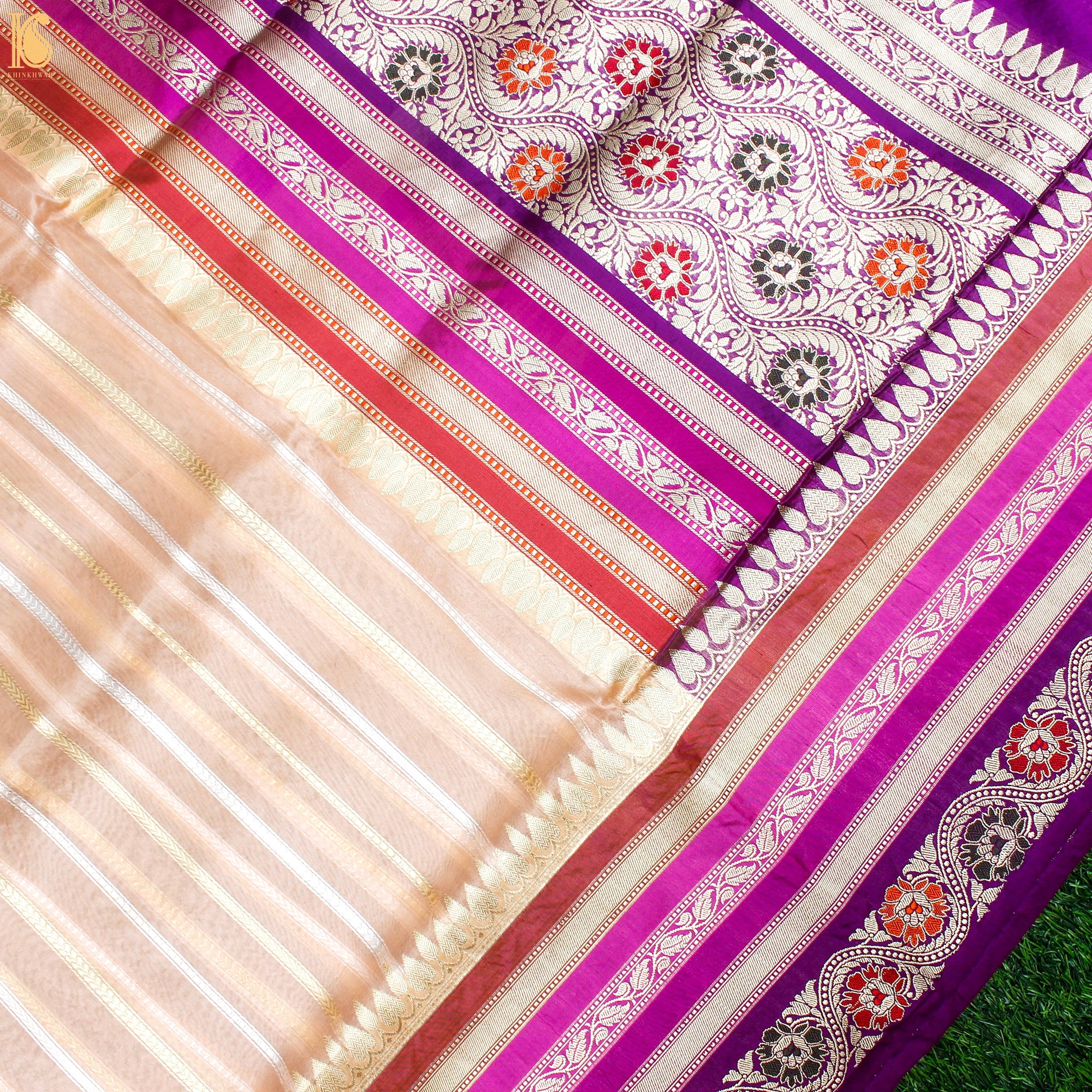 Cashmere Pure Kora Silk Handloom Banarasi Saree With Katan Border - Khinkhwab