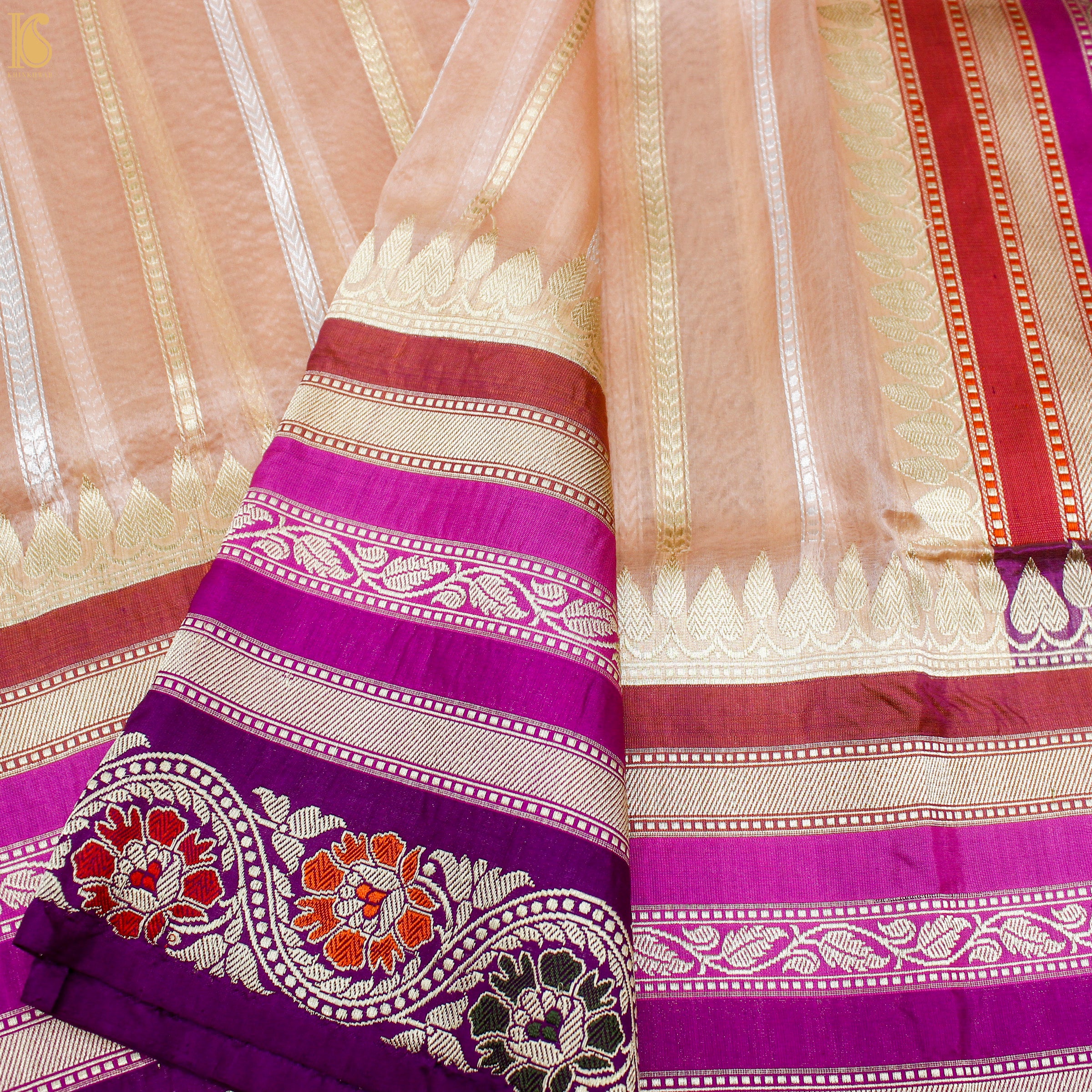 Cashmere Pure Kora Silk Handloom Banarasi Saree With Katan Border - Khinkhwab