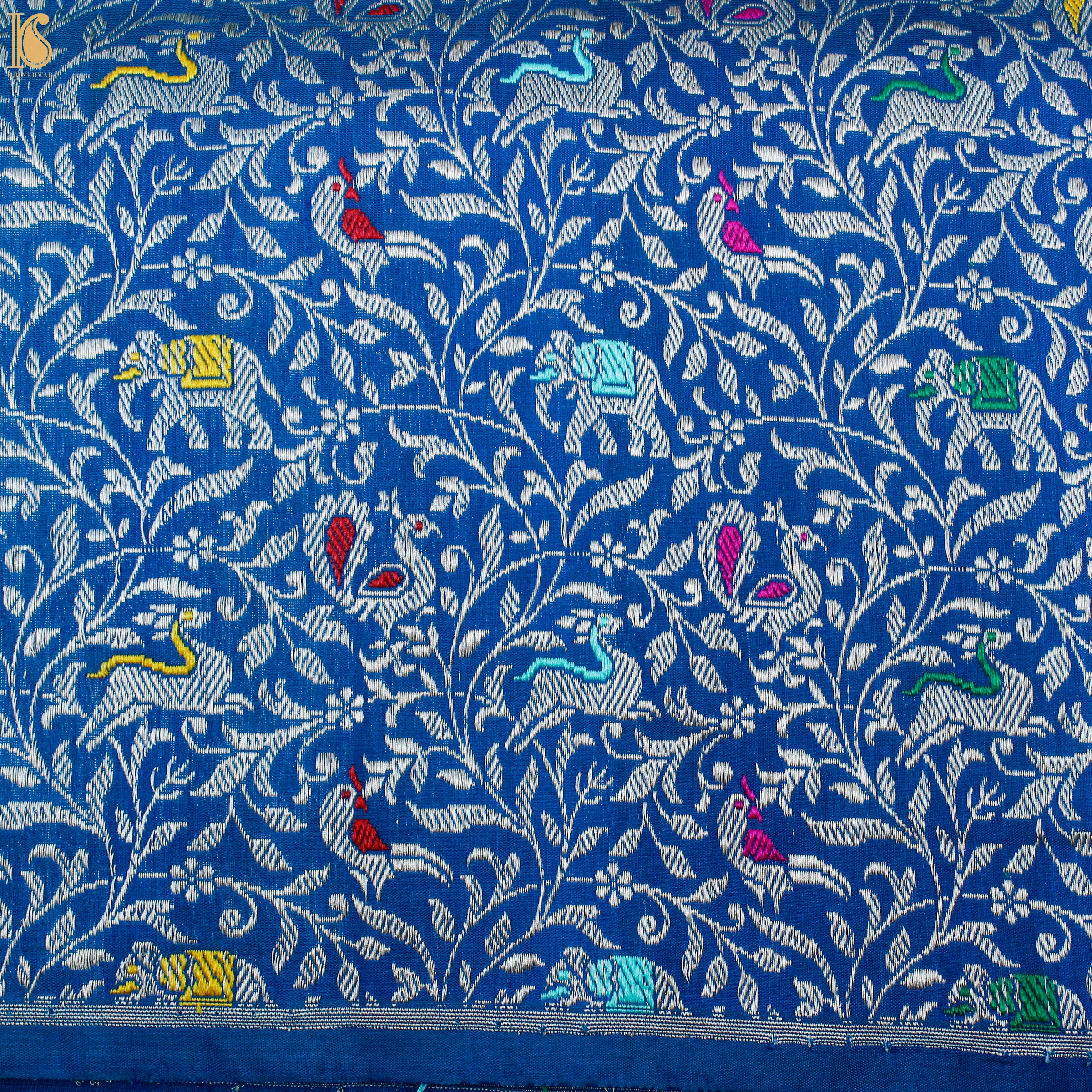 Handwoven Cobalt Blue Pure Katan Silk Banarasi Shikargah Fabric - Khinkhwab