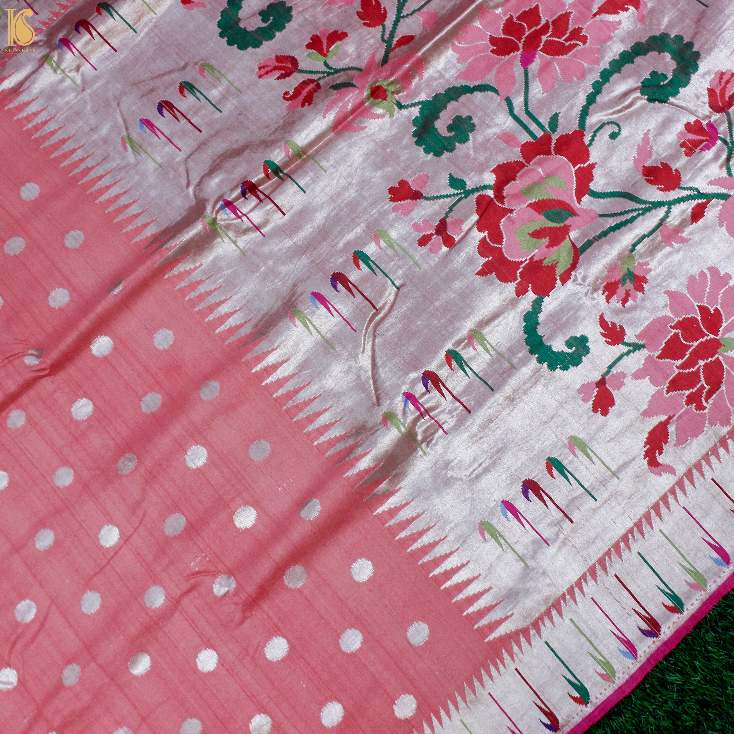 Carissma Pink Tussar Silver Zari Muniya Border Banarasi Saree - Khinkhwab