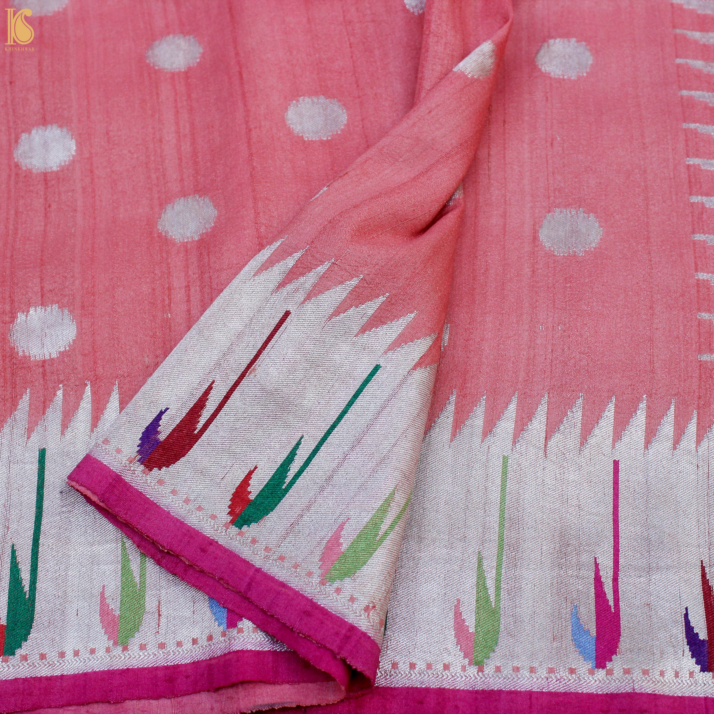 Carissma Pink Tussar Silver Zari Muniya Border Banarasi Saree - Khinkhwab
