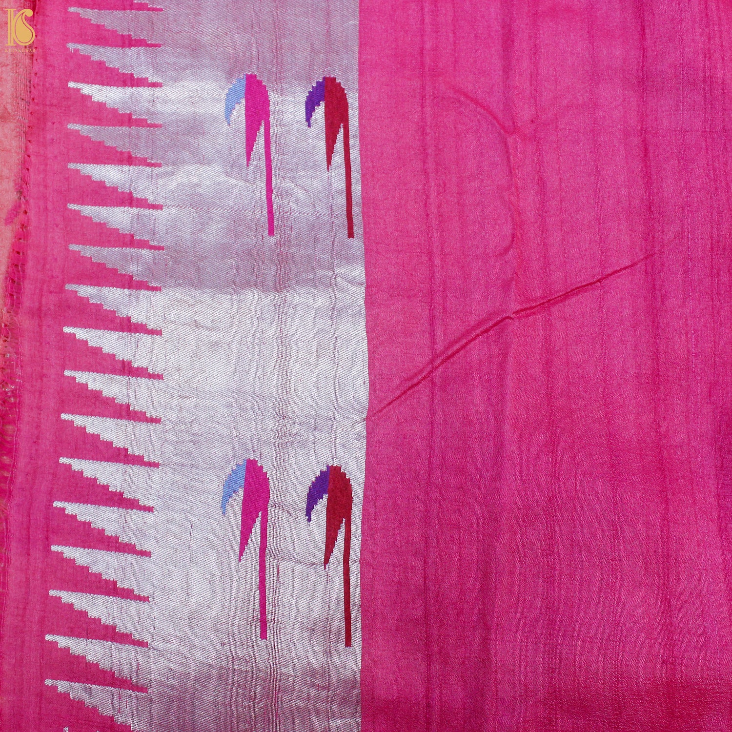 Carissma Pink Tussar Silver Zari Muniya Border Banarasi Saree - Khinkhwab