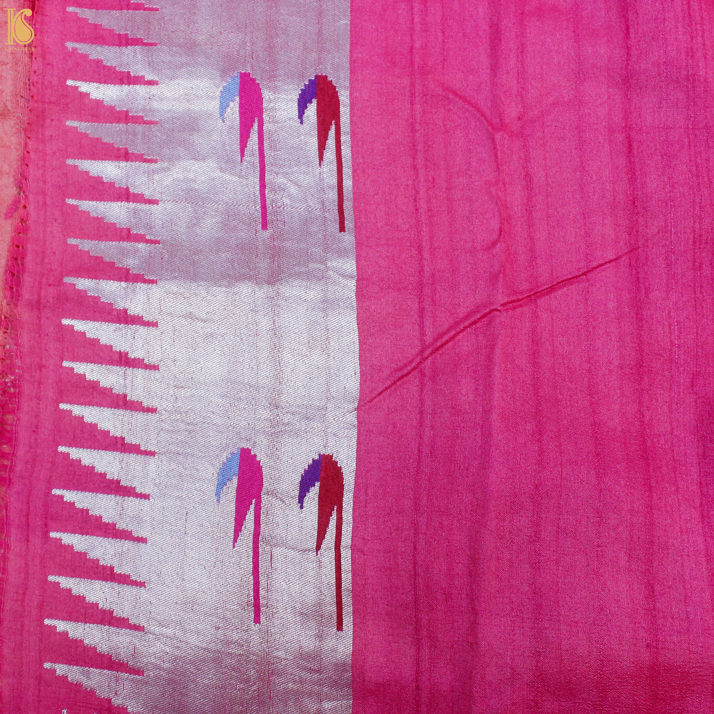 Carissma Pink Tussar Silver Zari Muniya Border Banarasi Saree - Khinkhwab