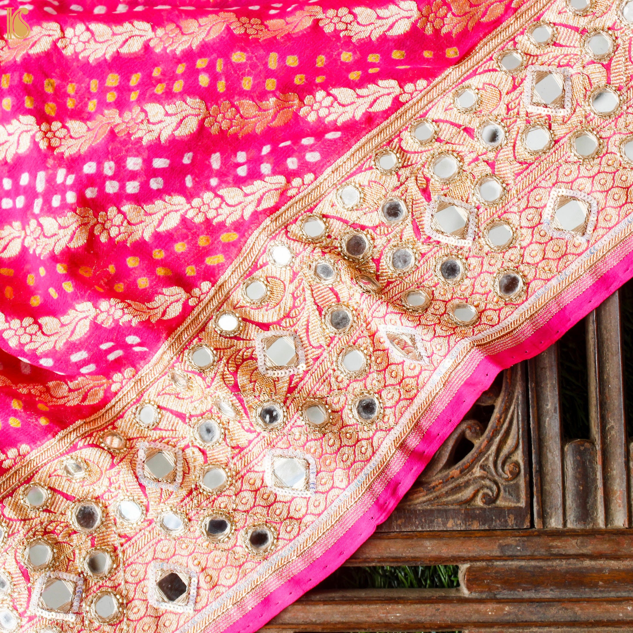 Pink Hand Embroidered Pure Georgette Bandhani Blouse Fabric - Khinkhwab