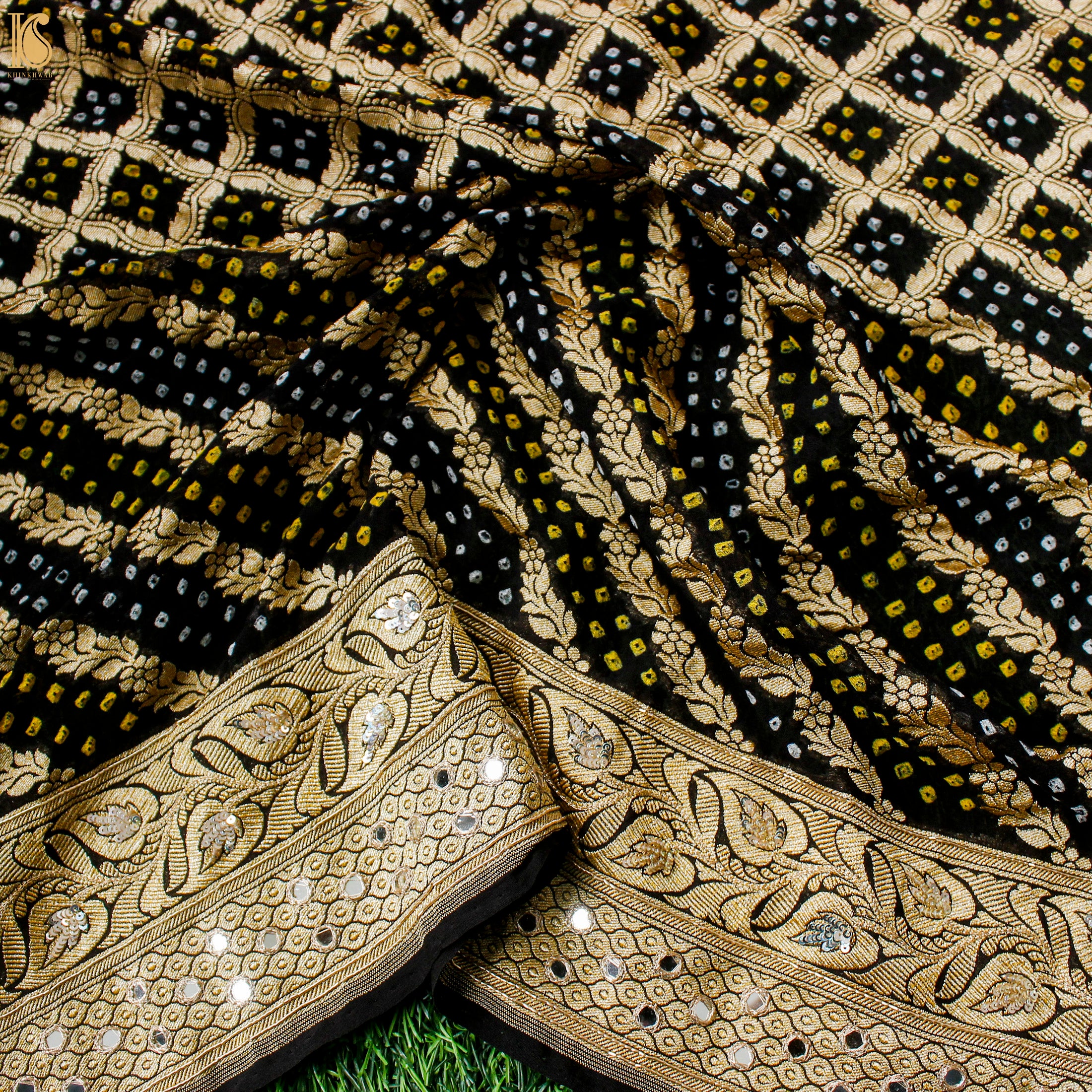 Black Hand Embroidered Pure Georgette Bandhani Blouse Fabric - Khinkhwab