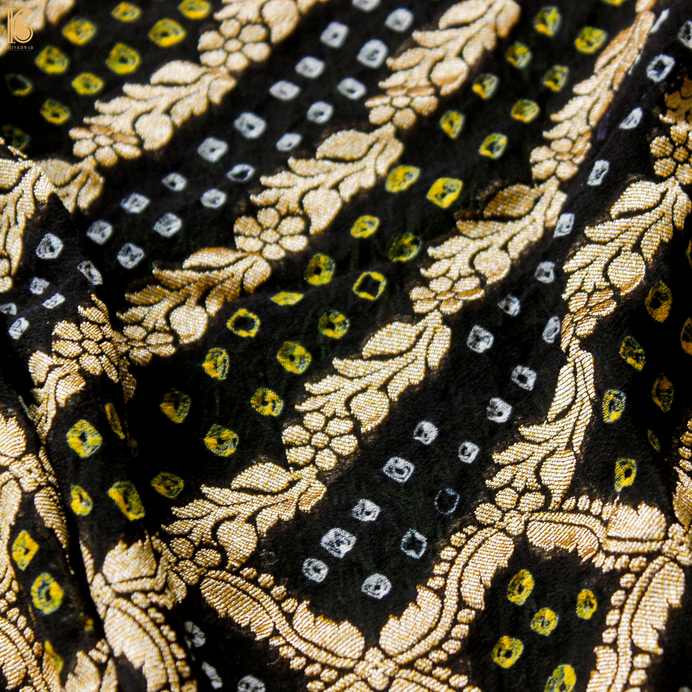Black Hand Embroidered Pure Georgette Bandhani Blouse Fabric - Khinkhwab