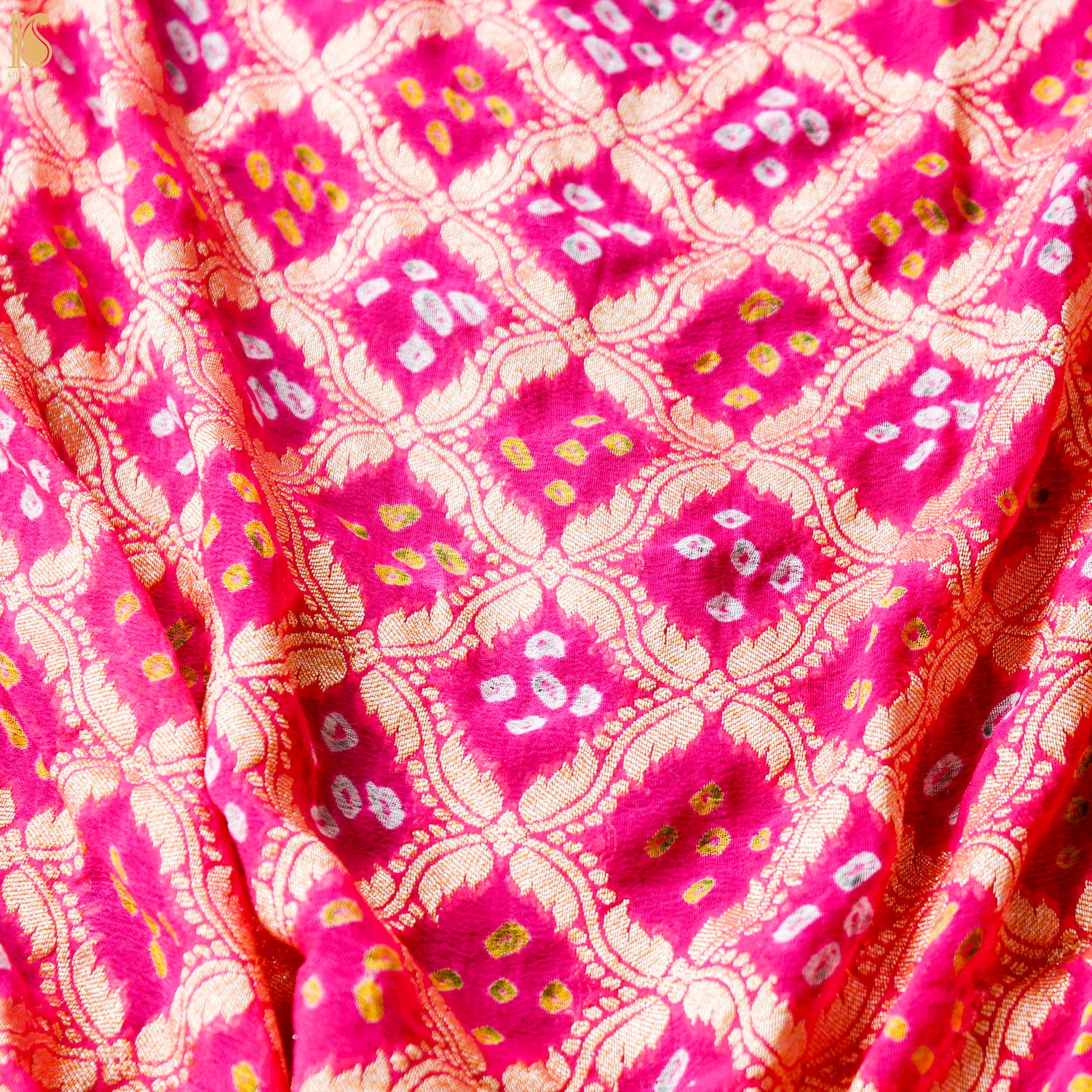 Pink Hand Embroidered Pure Georgette Bandhani Blouse Fabric - Khinkhwab