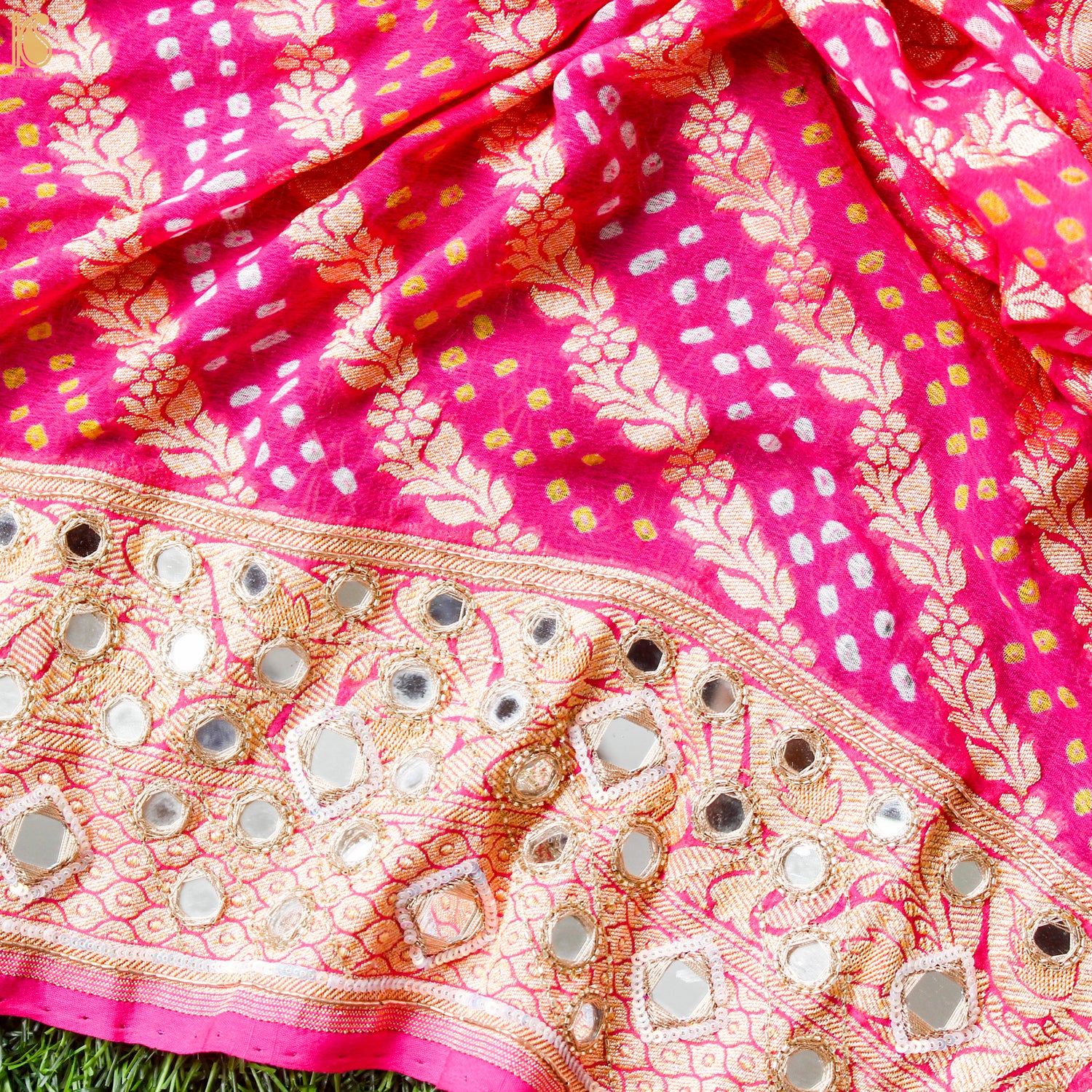 Pink Hand Embroidered Pure Georgette Bandhani Blouse Fabric - Khinkhwab