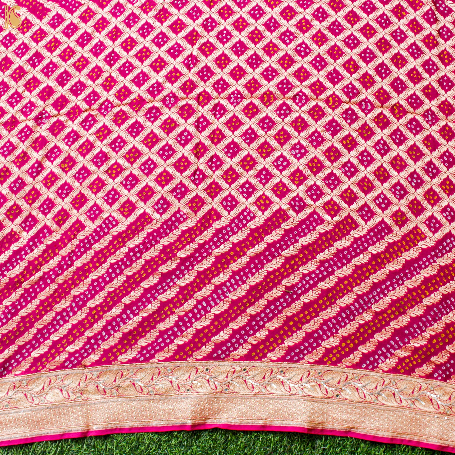 Pink Hand Embroidered Pure Georgette Bandhani Blouse Fabric - Khinkhwab