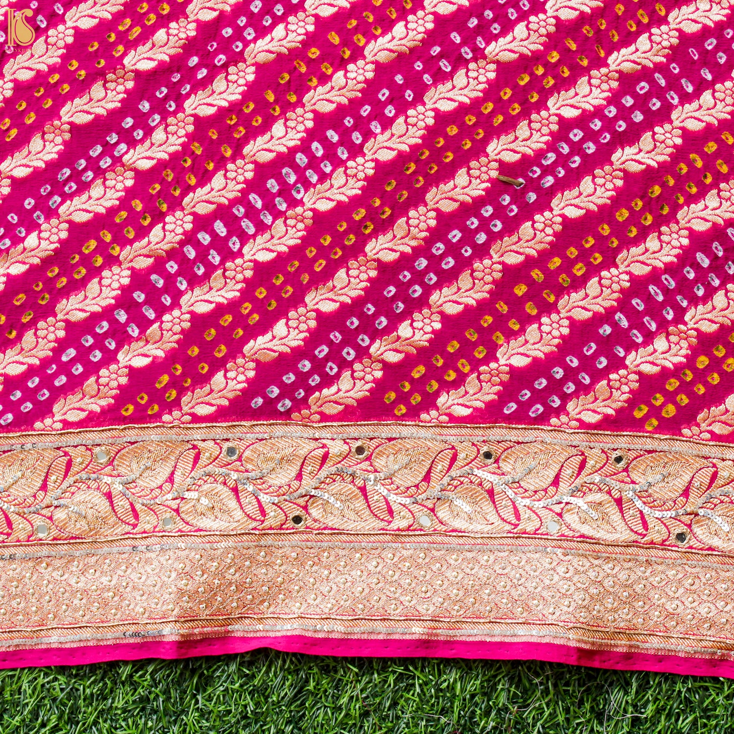 Pink Hand Embroidered Pure Georgette Bandhani Blouse Fabric - Khinkhwab