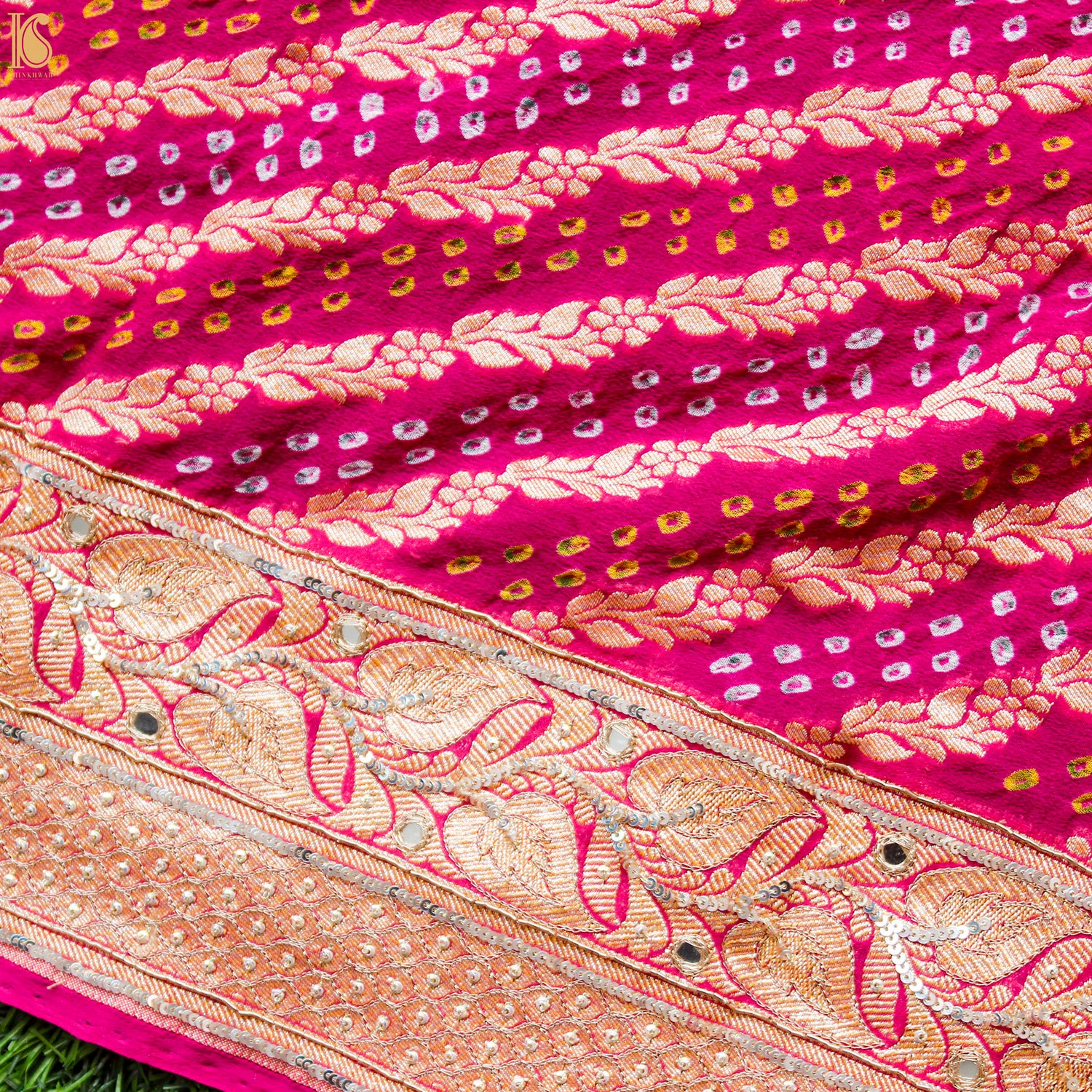 Pink Hand Embroidered Pure Georgette Bandhani Blouse Fabric - Khinkhwab