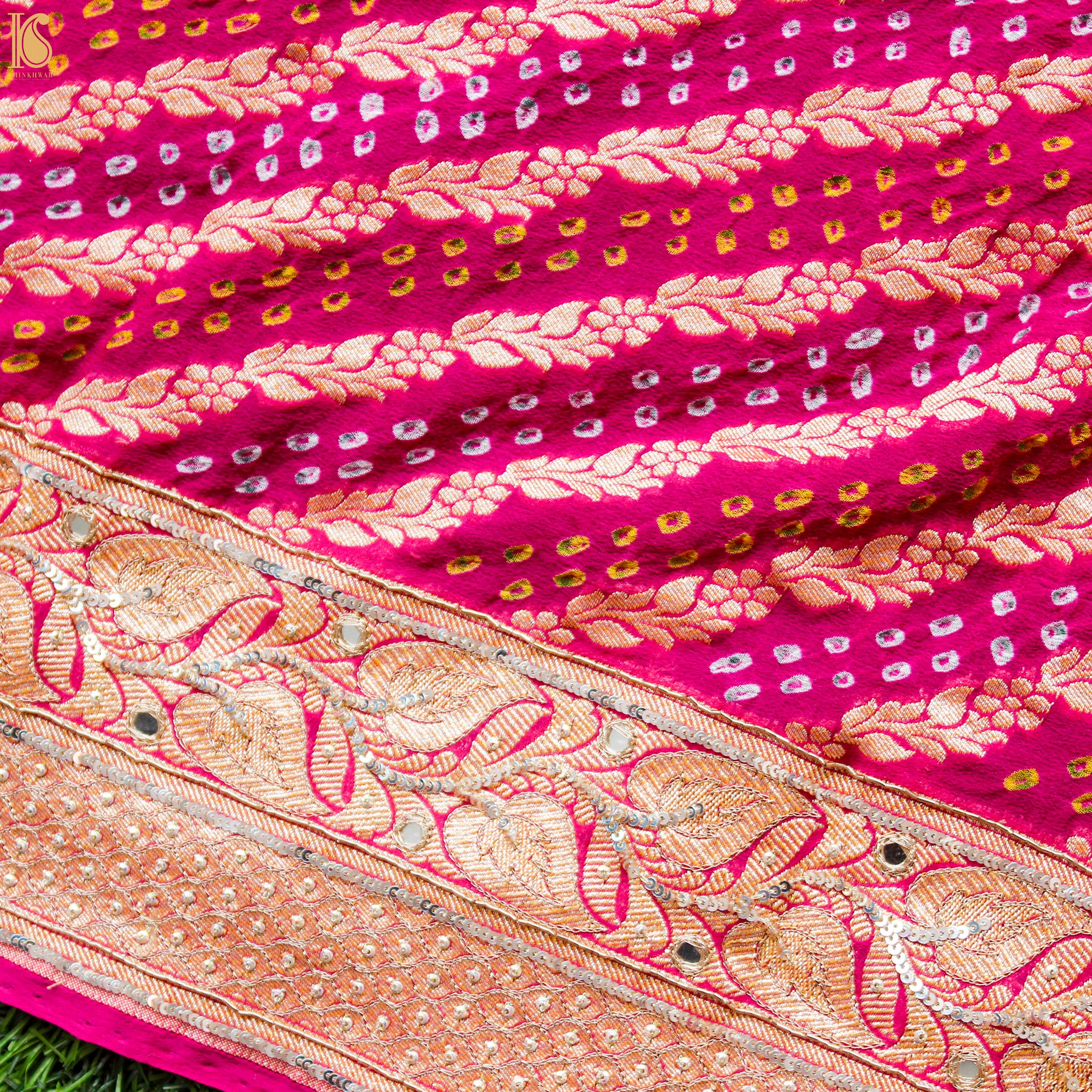 Pink Hand Embroidered Pure Georgette Bandhani Blouse Fabric - Khinkhwab