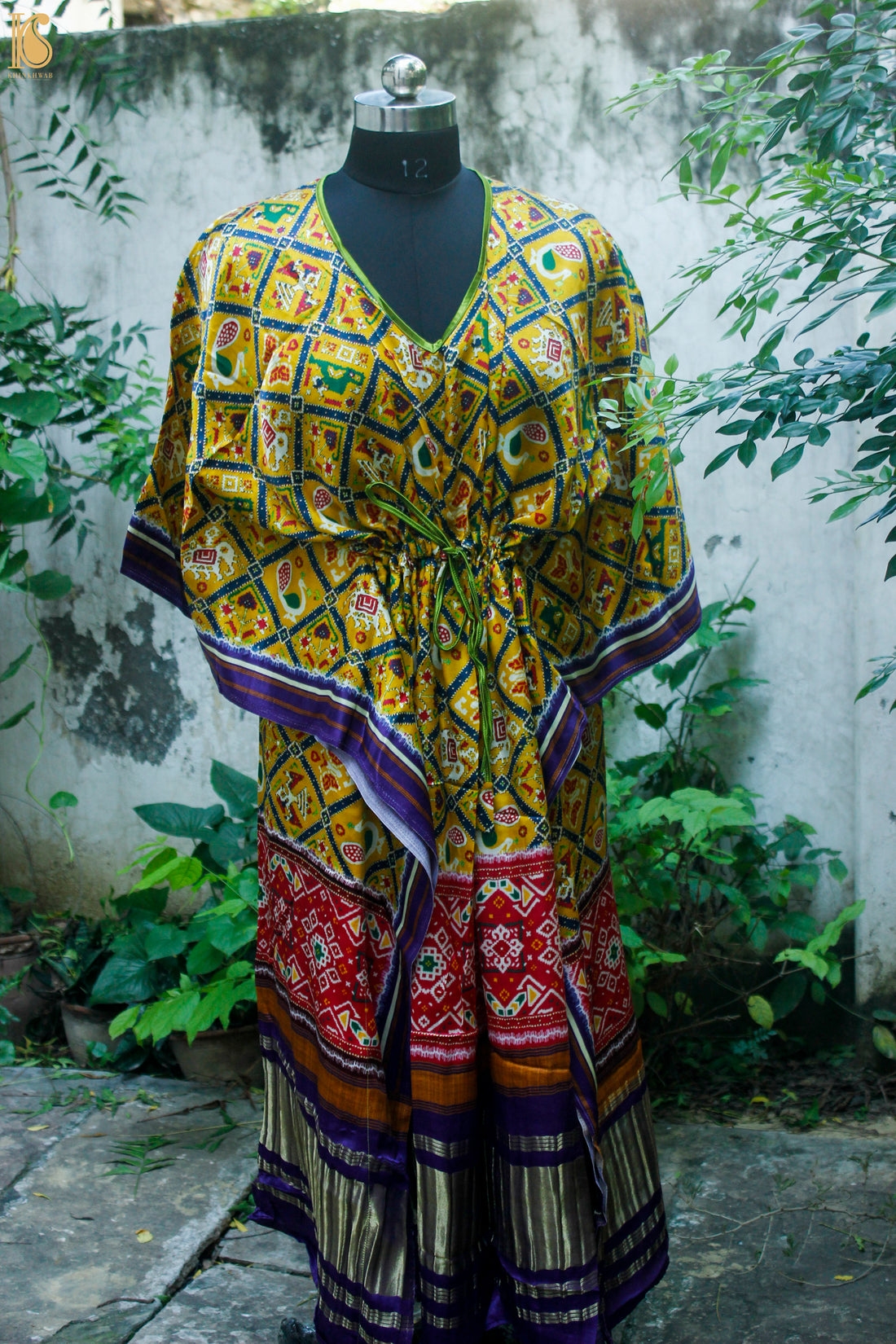 Yellow Hand Block Ajrakh Modal Silk Free Size Kaftan - Khinkhwab