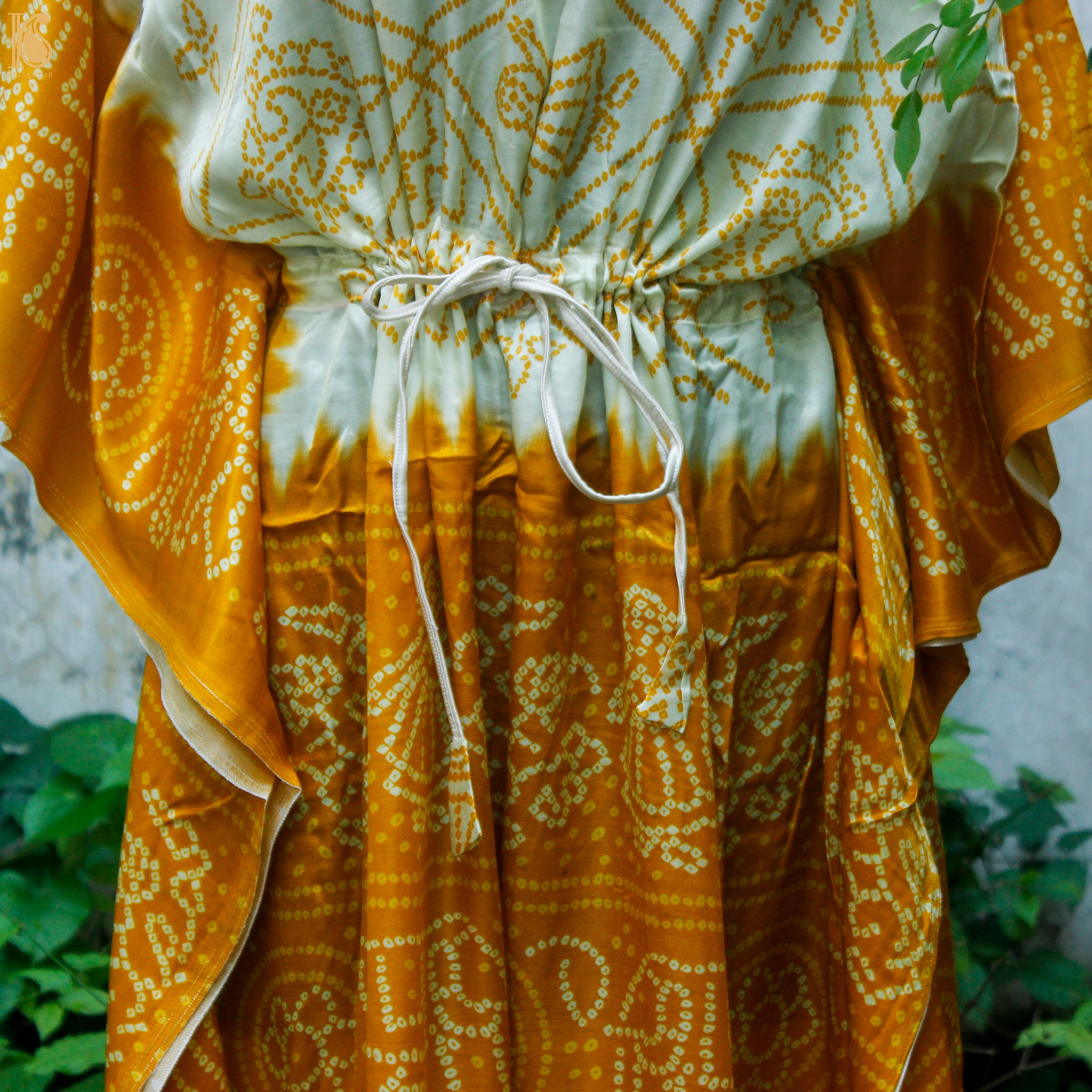 Yellow & White Hand Block Ajrakh Modal Silk Free Size Kaftan - Khinkhwab