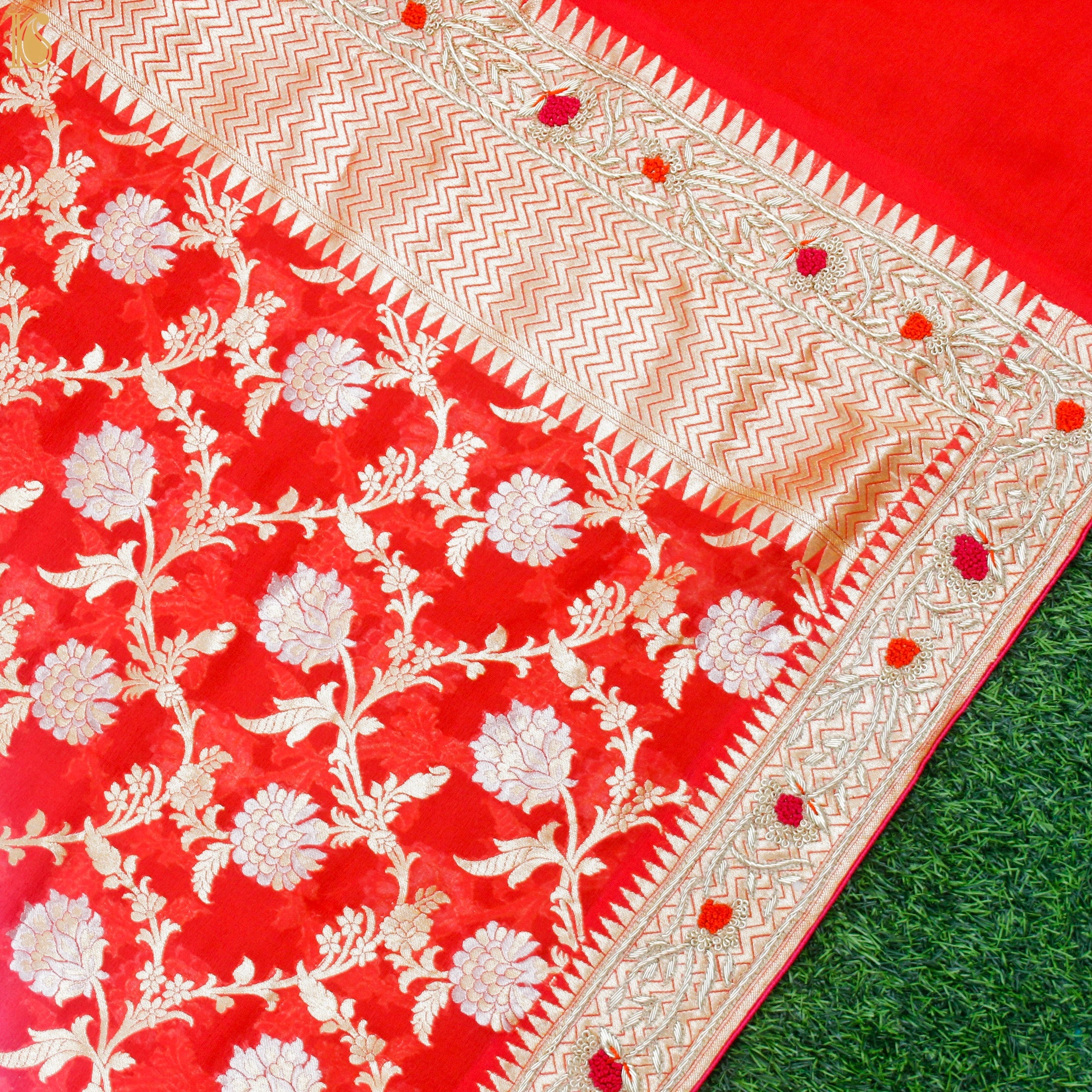 Red & Pink Georgette Handloom Banarasi Zardozi Embroidery Dupatta - Khinkhwab