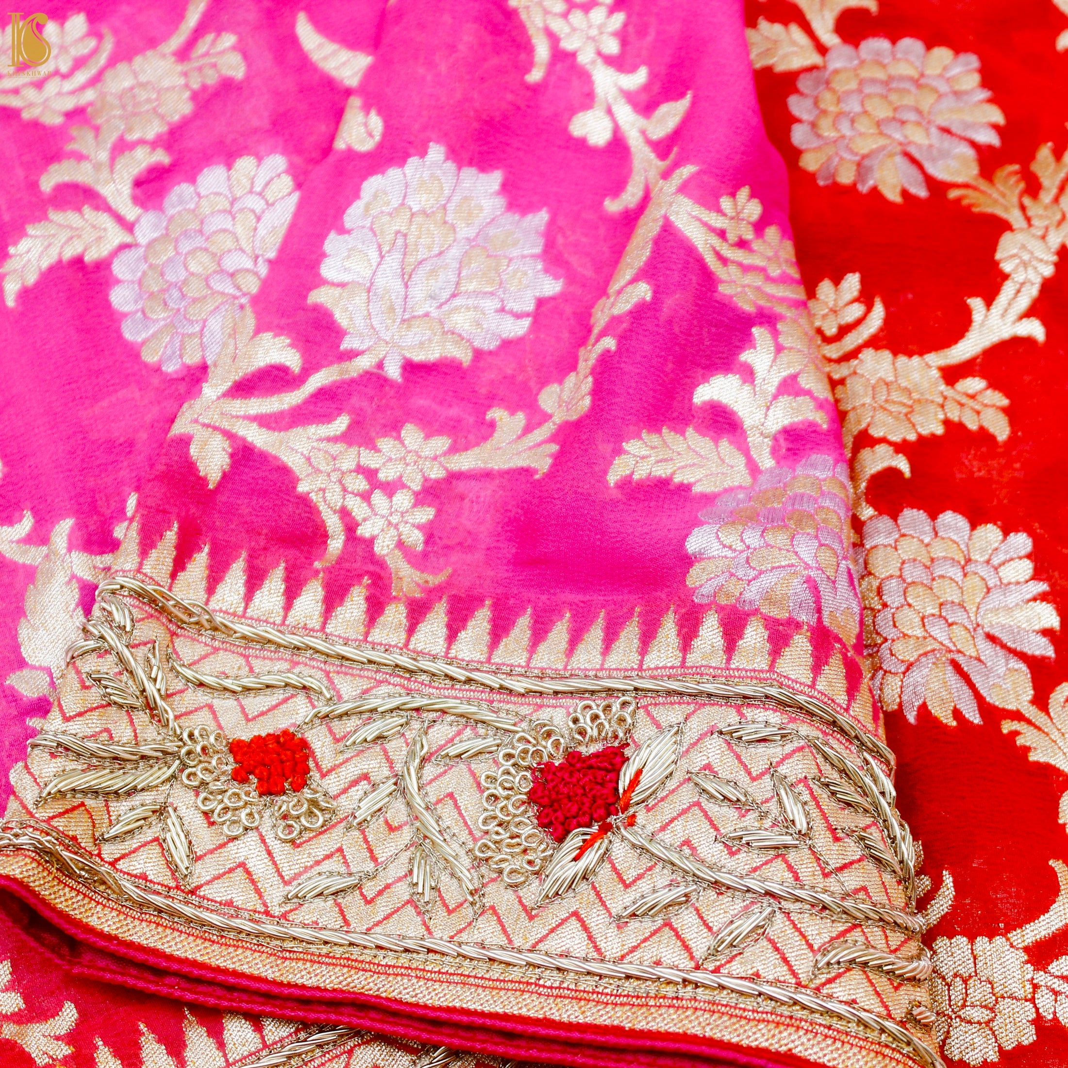 Red & Pink Georgette Handloom Banarasi Zardozi Embroidery Dupatta - Khinkhwab