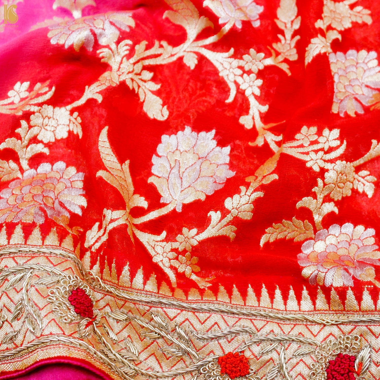 Red & Pink Georgette Handloom Banarasi Zardozi Embroidery Dupatta - Khinkhwab