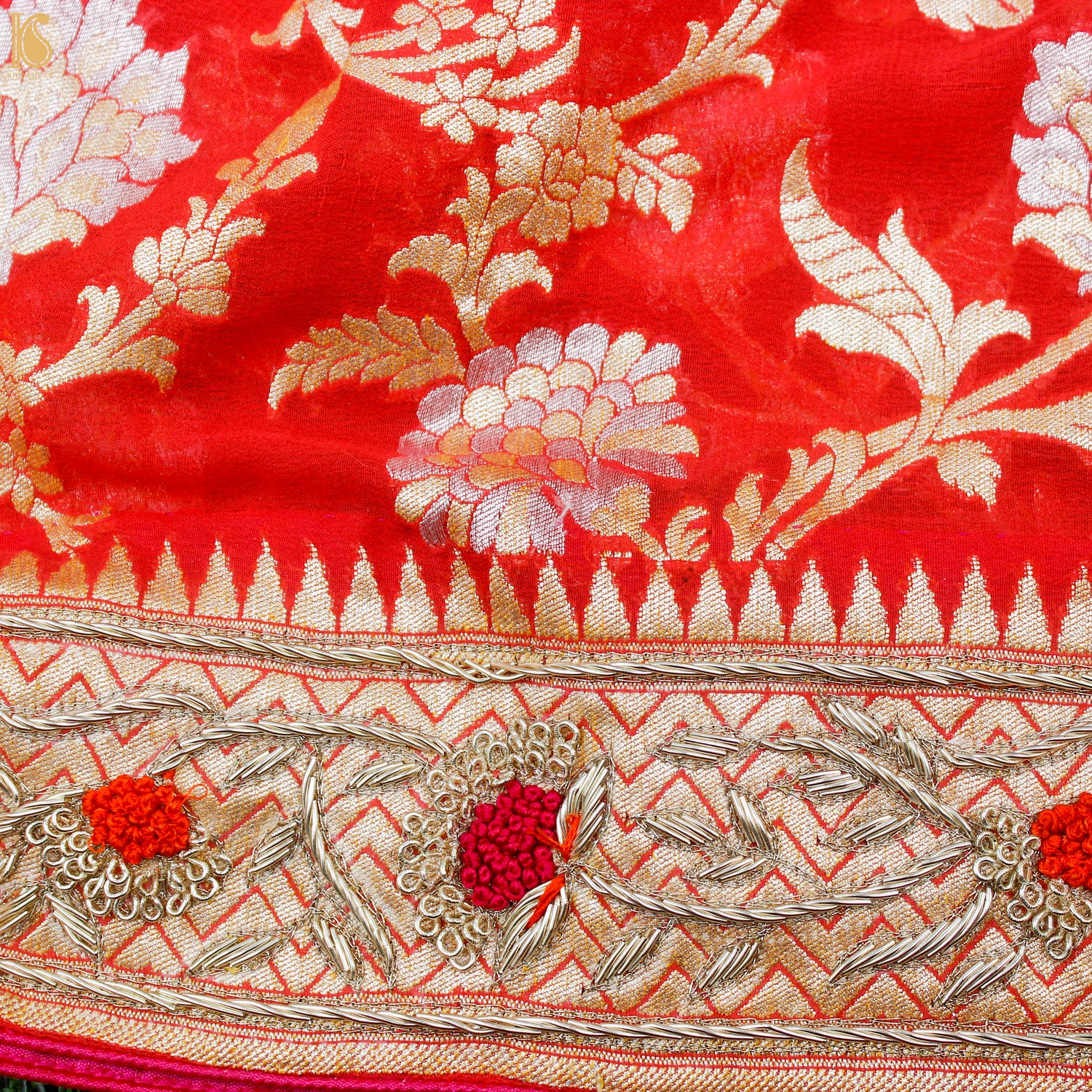 Red & Pink Georgette Handloom Banarasi Zardozi Embroidery Dupatta - Khinkhwab