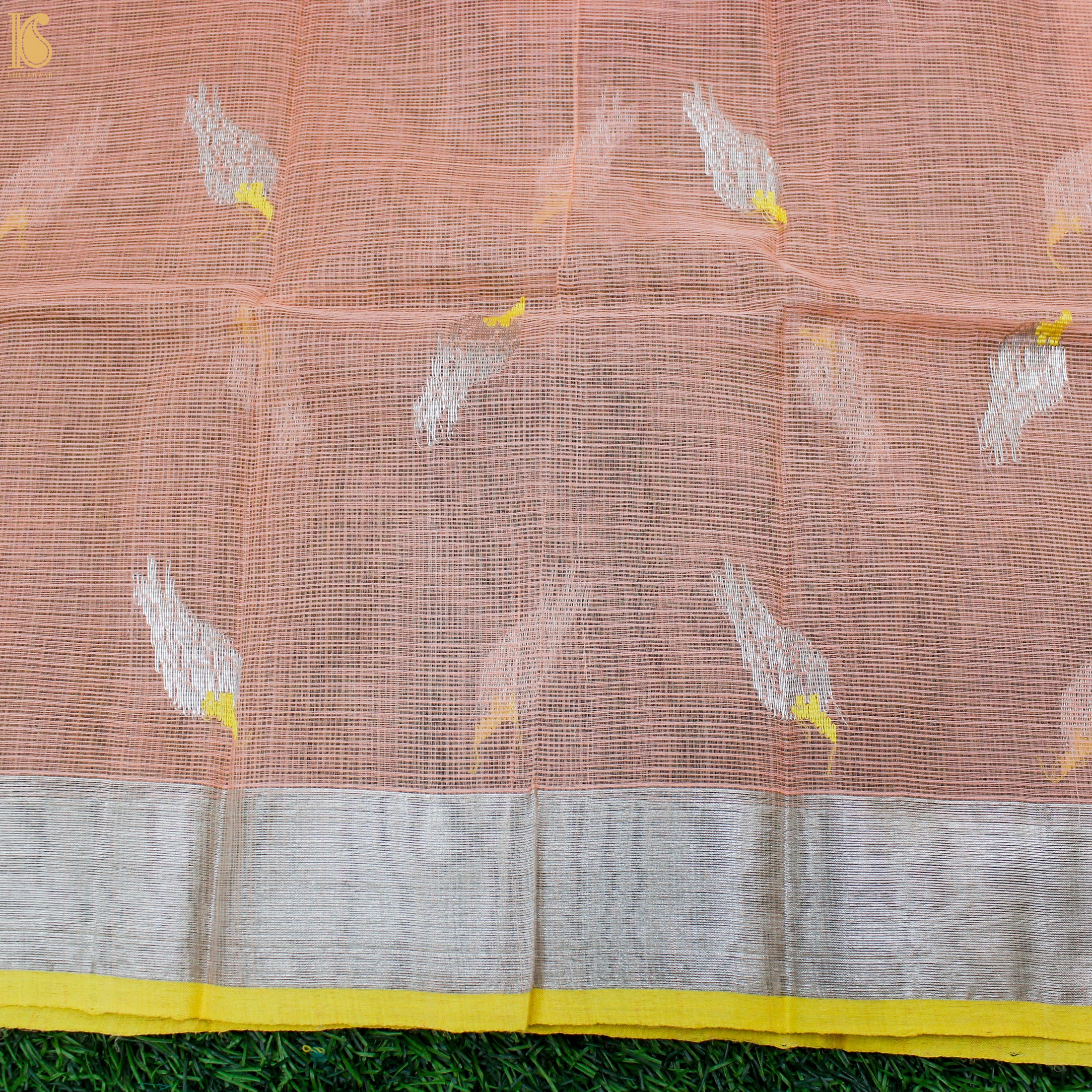 Handwoven Peach Real Zari Kota Blouse Bird Fabric - Khinkhwab