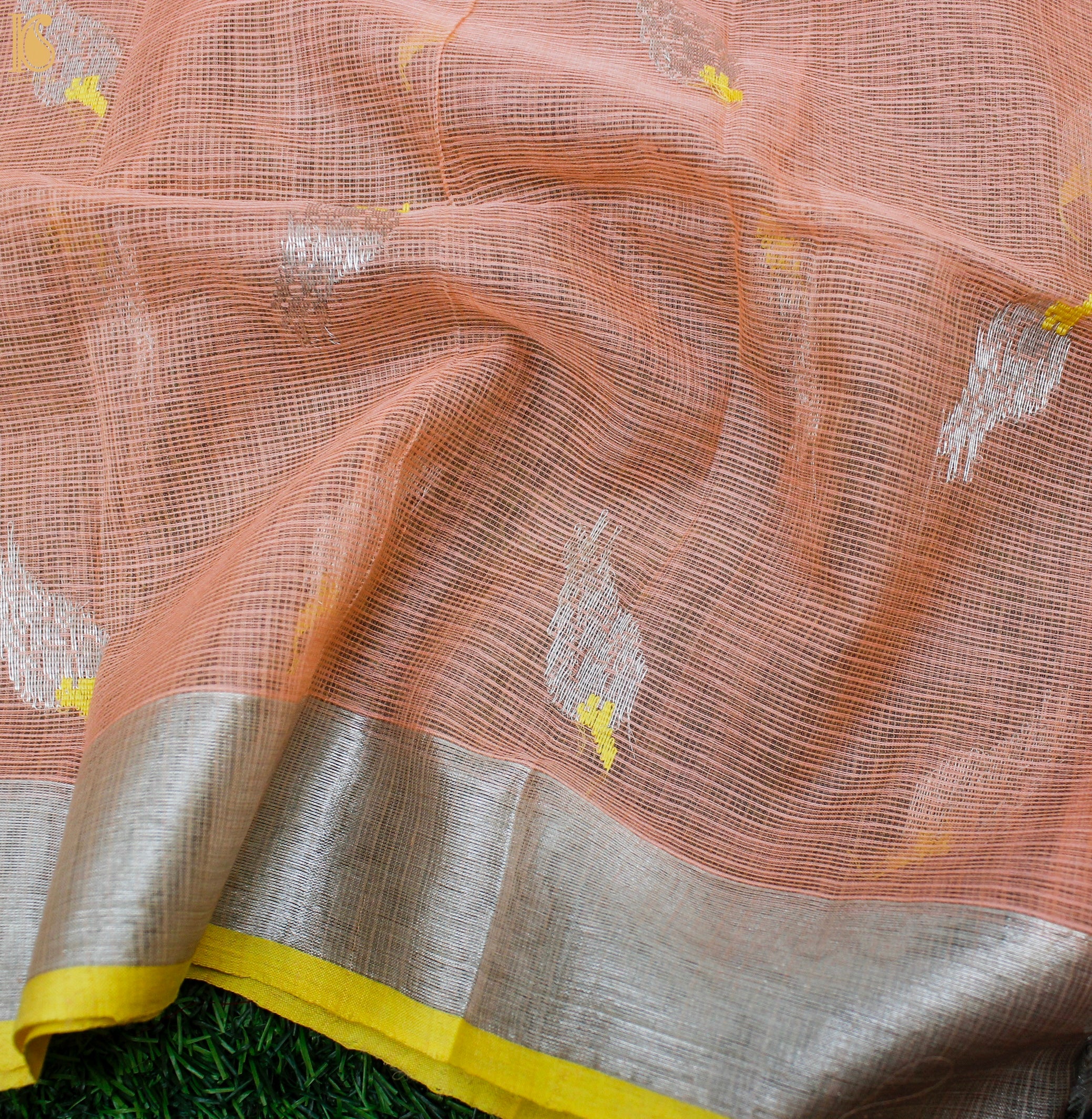 Handwoven Peach Real Zari Kota Blouse Bird Fabric - Khinkhwab