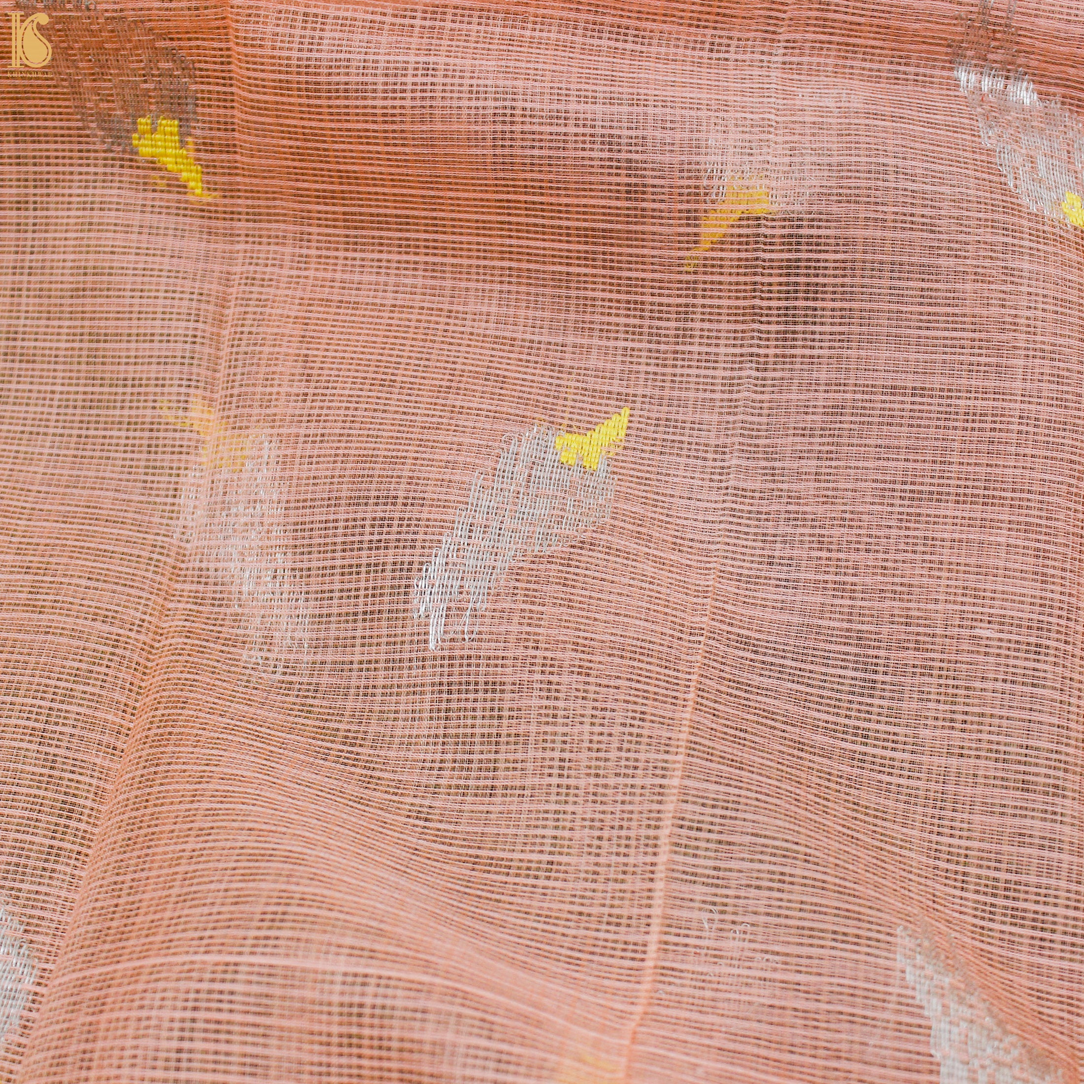 Handwoven Peach Real Zari Kota Blouse Bird Fabric - Khinkhwab