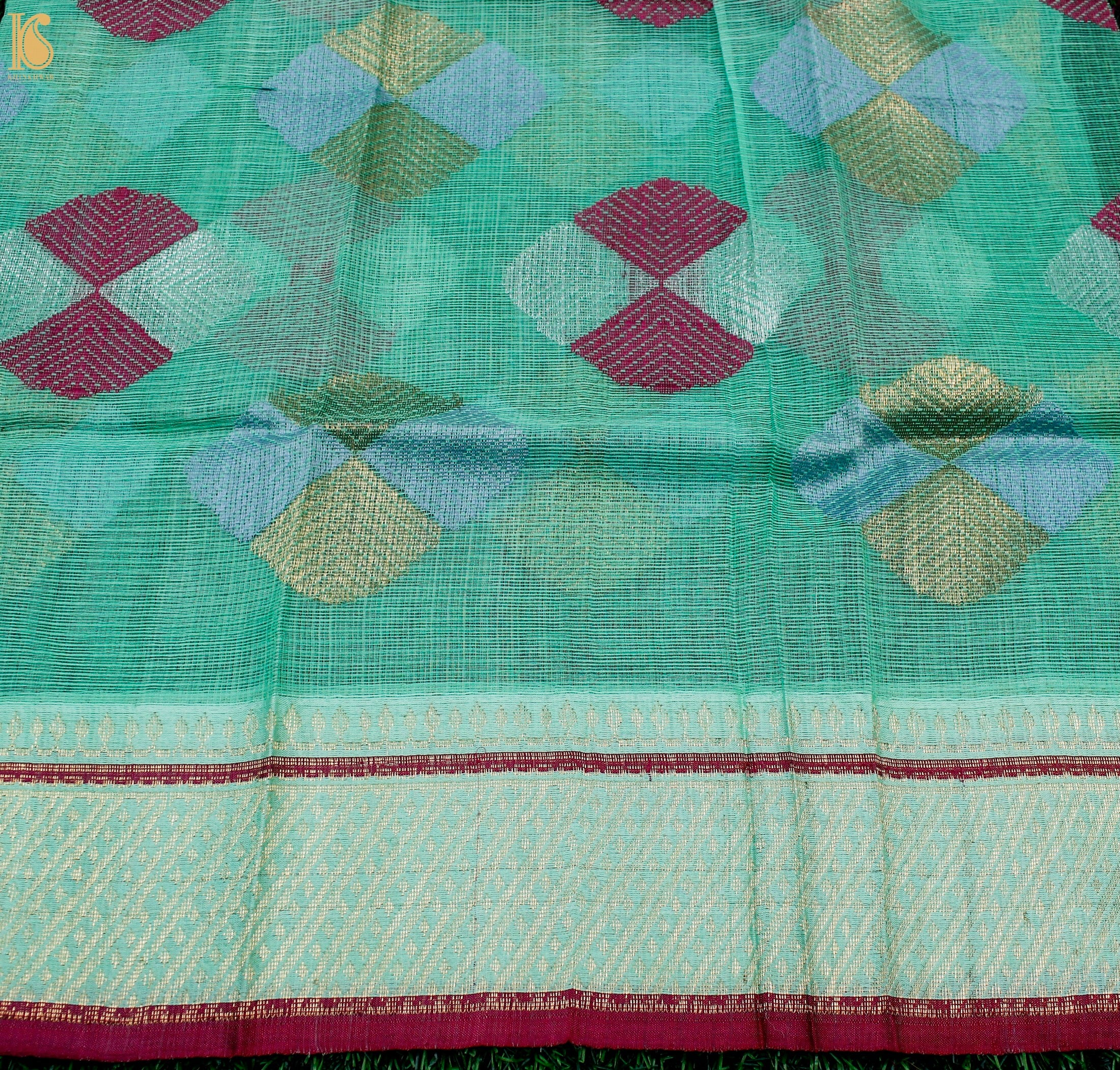 Handwoven Green Real Zari Kota Blouse Fabric - Khinkhwab