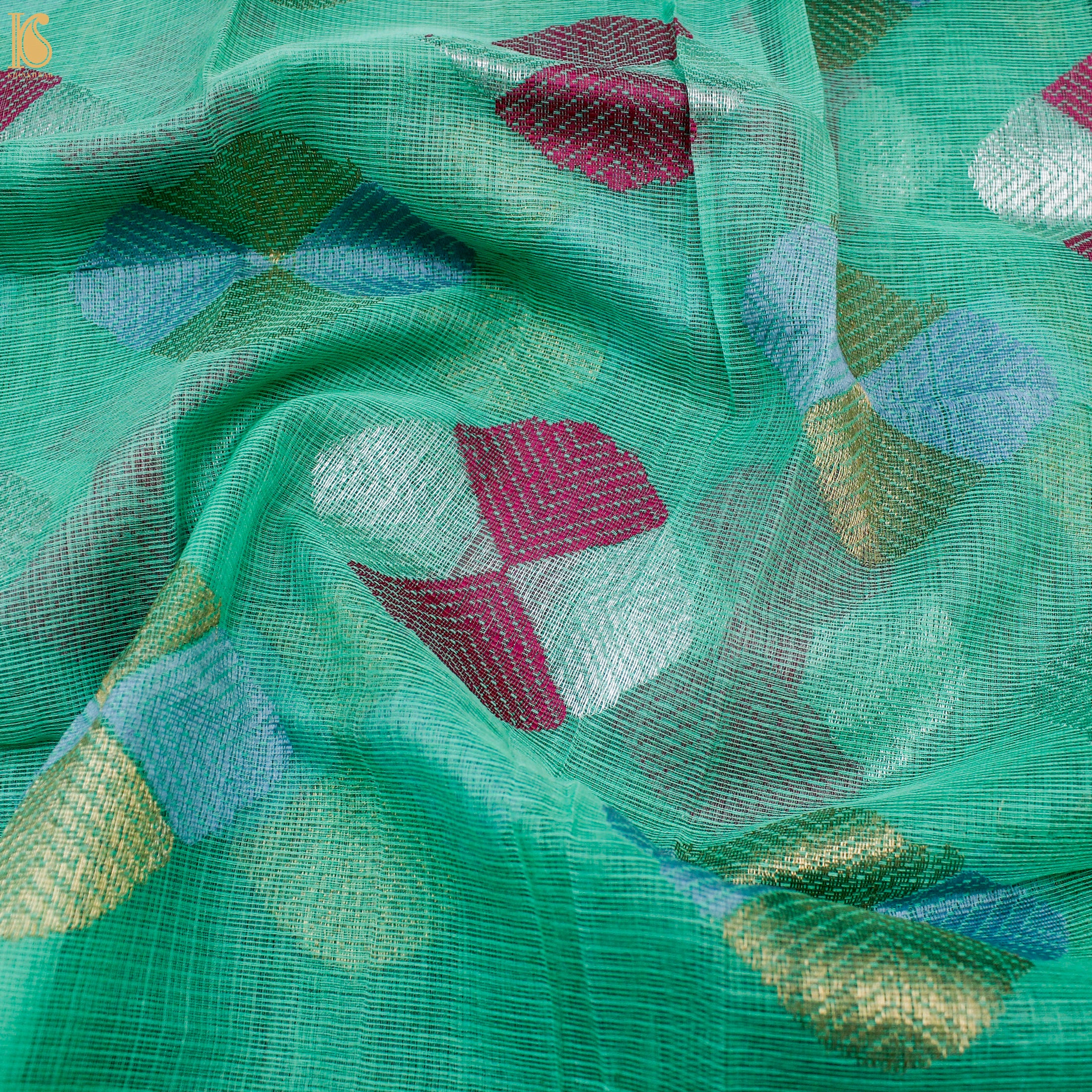 Handwoven Green Real Zari Kota Blouse Fabric - Khinkhwab