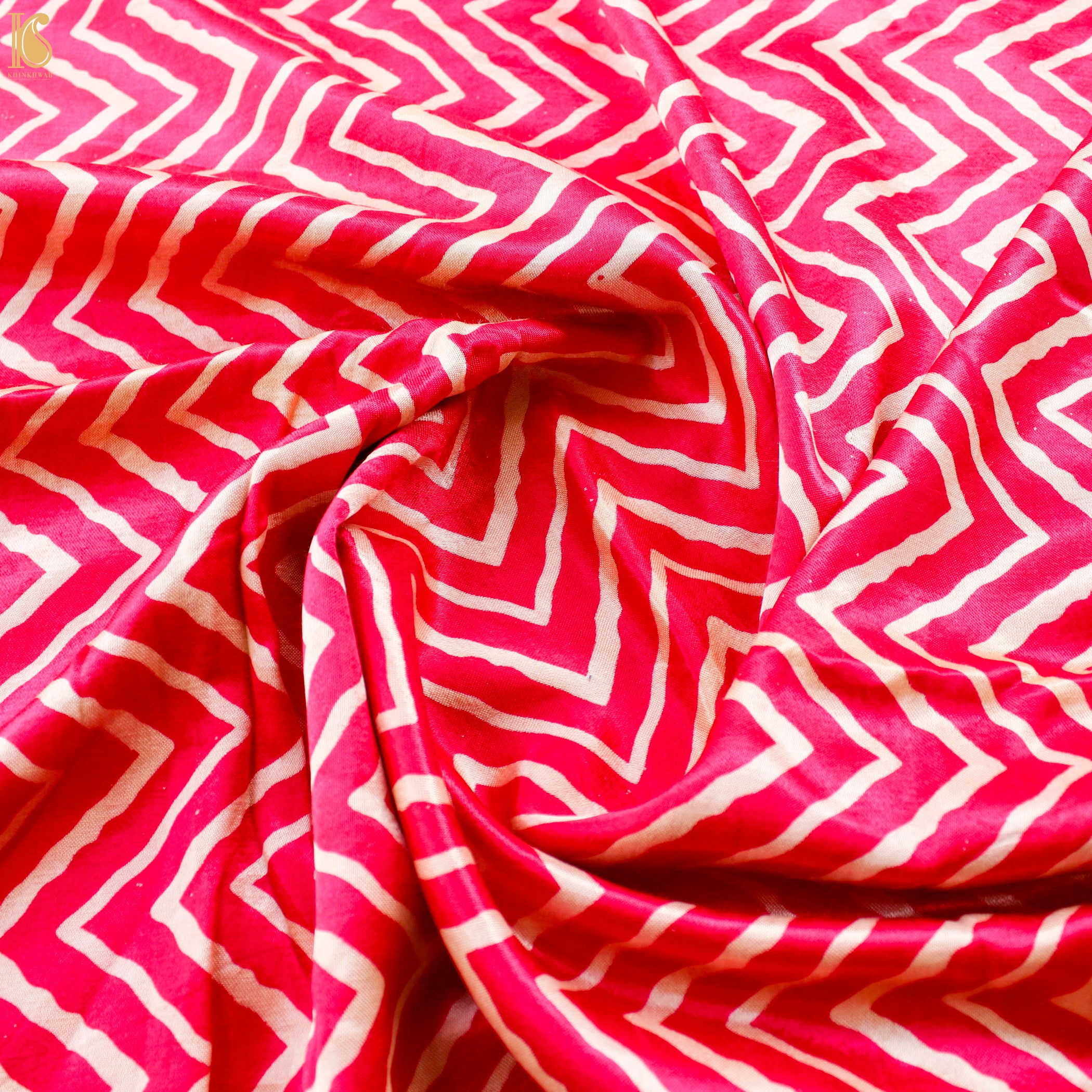 Razzmatazz Pink Pure Mashru Silk Hand Block Chevron Ajrakh Fabric - Khinkhwab